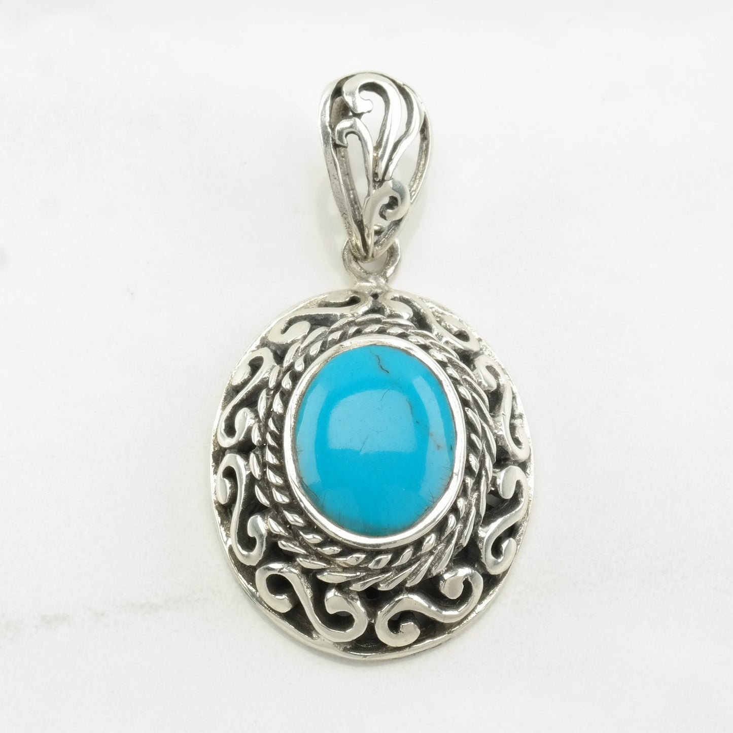 Vintage Southwest Block Turquoise Filigree Sterling Silver Pendant
