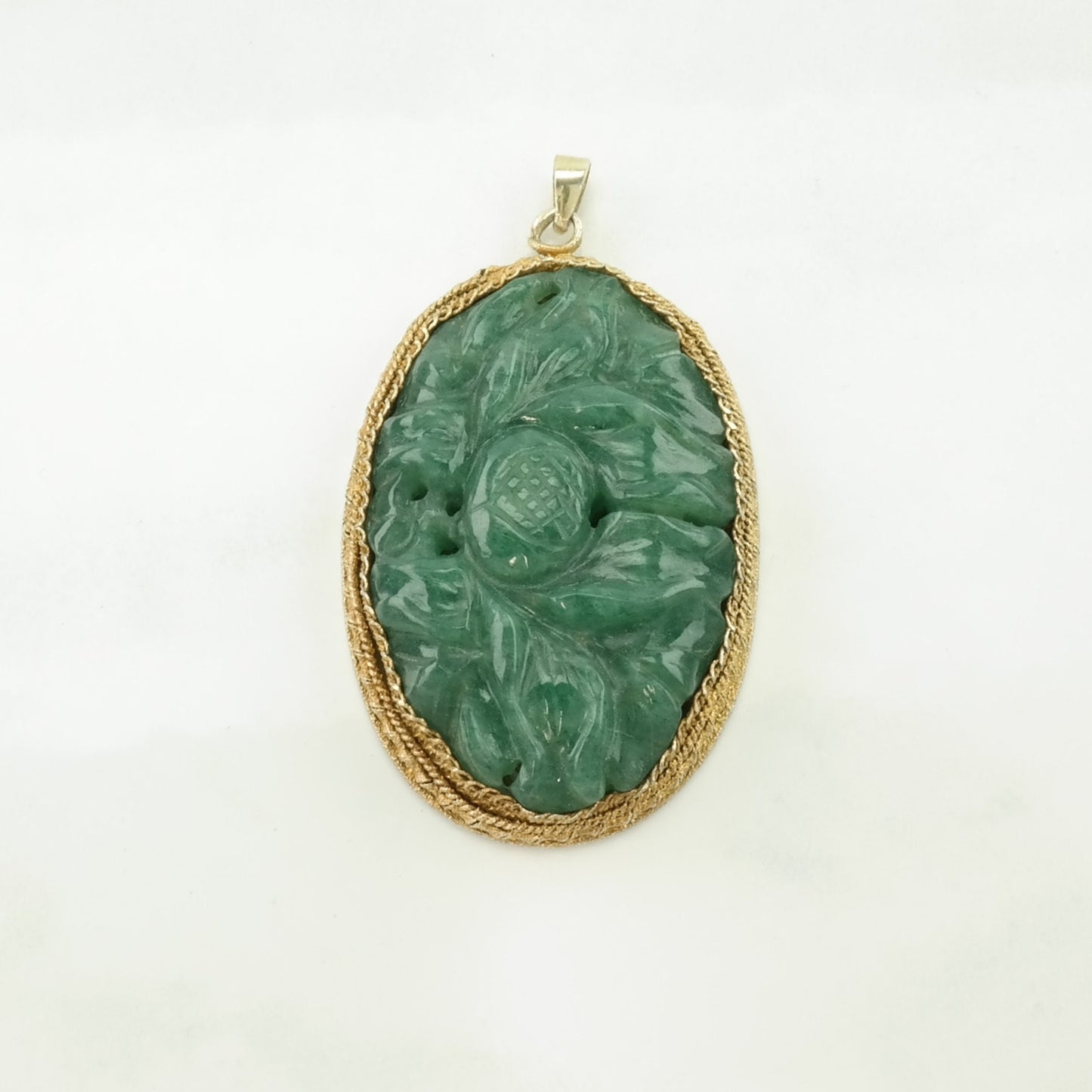 Vintage Chinese Export Jade, Quartzite Carved Flowers, Gold Gilded Sterling Silver Pendant