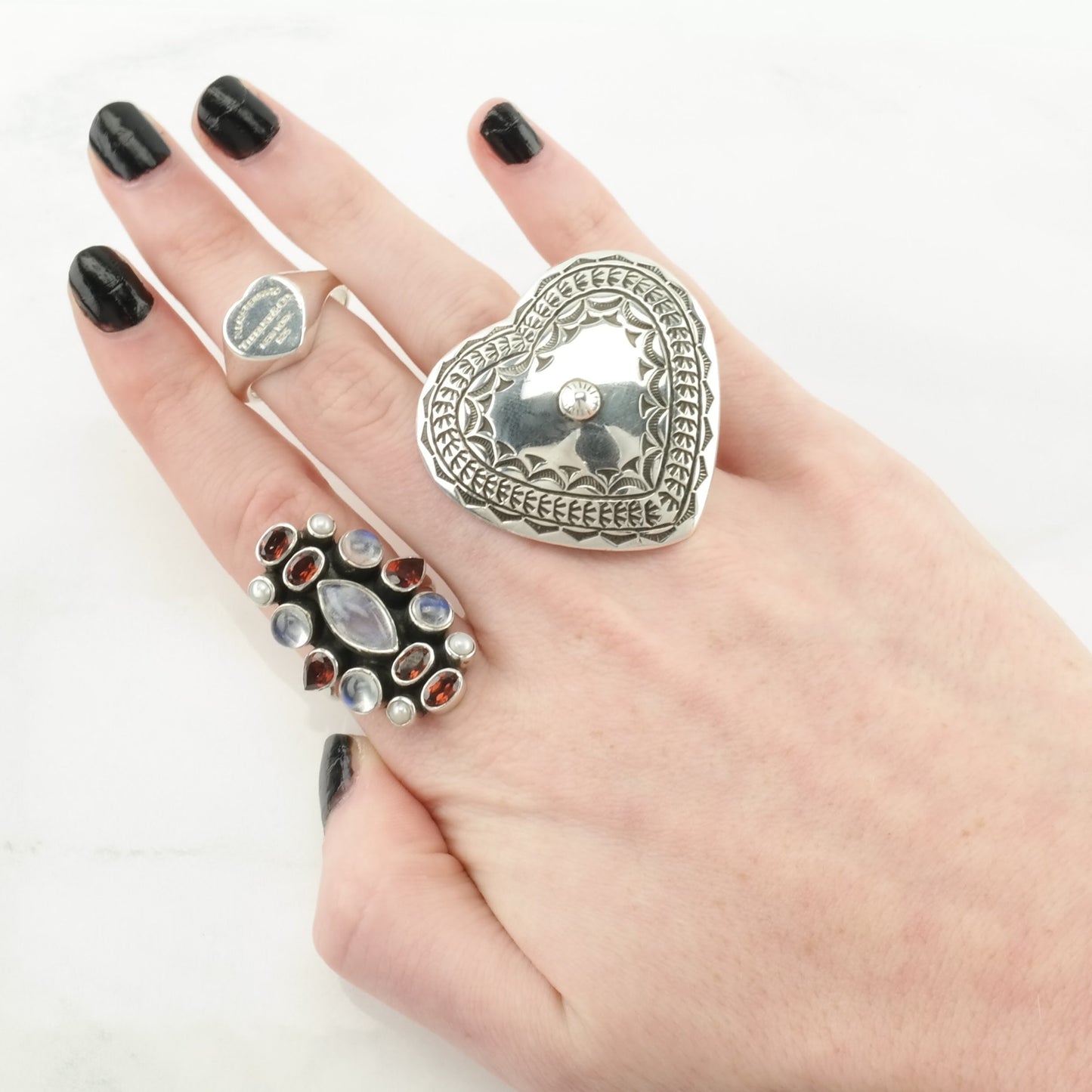 Vintage Nicky Butler Silver Ring Moonstone, Garnet Cluster Sterling Size 7 1/4