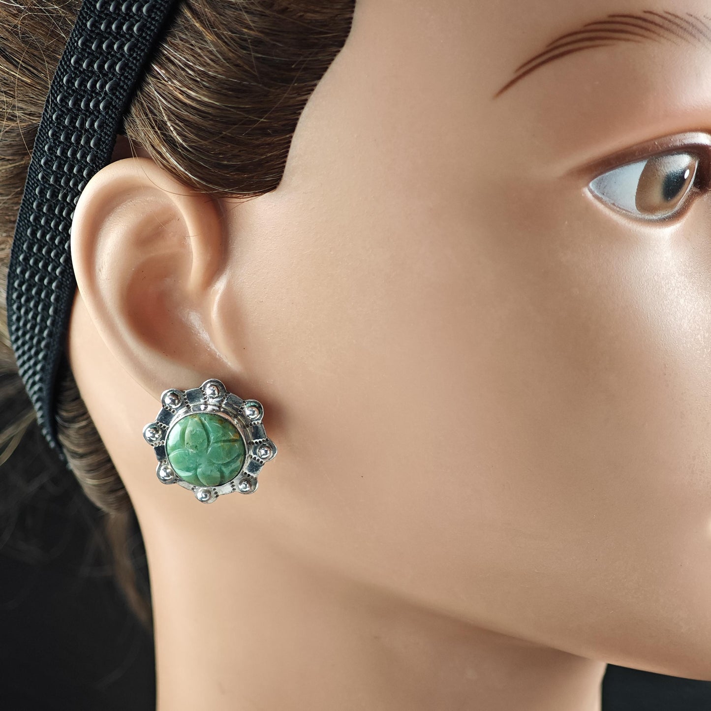 Green Gemstone Carved Floral Stud Earrings Sterling Silver