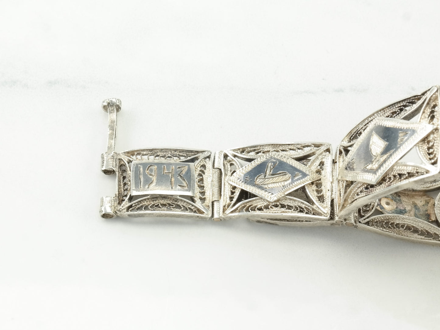 1943 Egyptian Sterling Silver Filigree Panel Bracelet Scenic