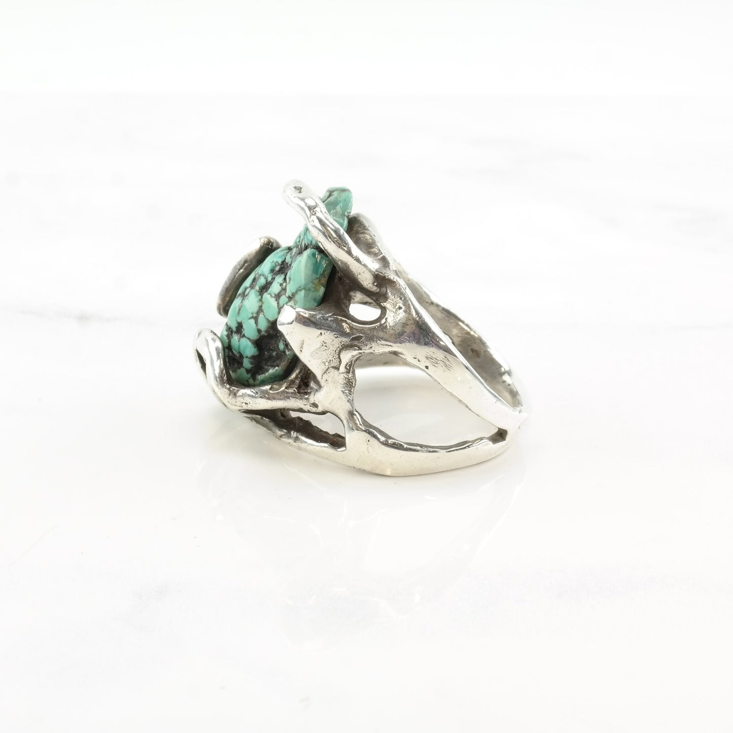 Vintage Brutalist Sterling Silver Ring with Turquoise, Spiderweb Design, Size 10 1/2, Circa 1980s
