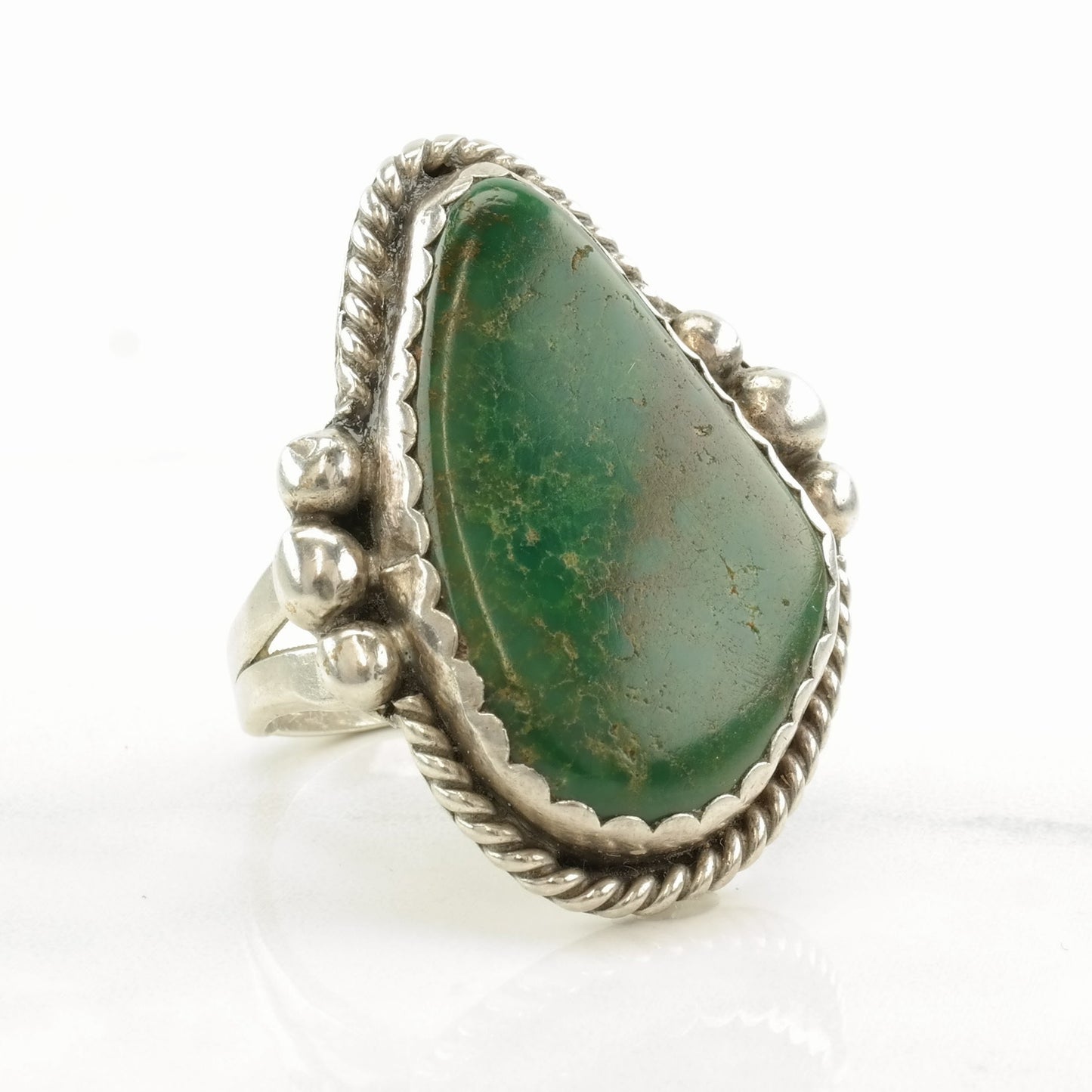 Vintage Native American Sterling Silver Green Turquoise Ring, Size 11, 1970s Southwestern Jewelry, Statement Ring
