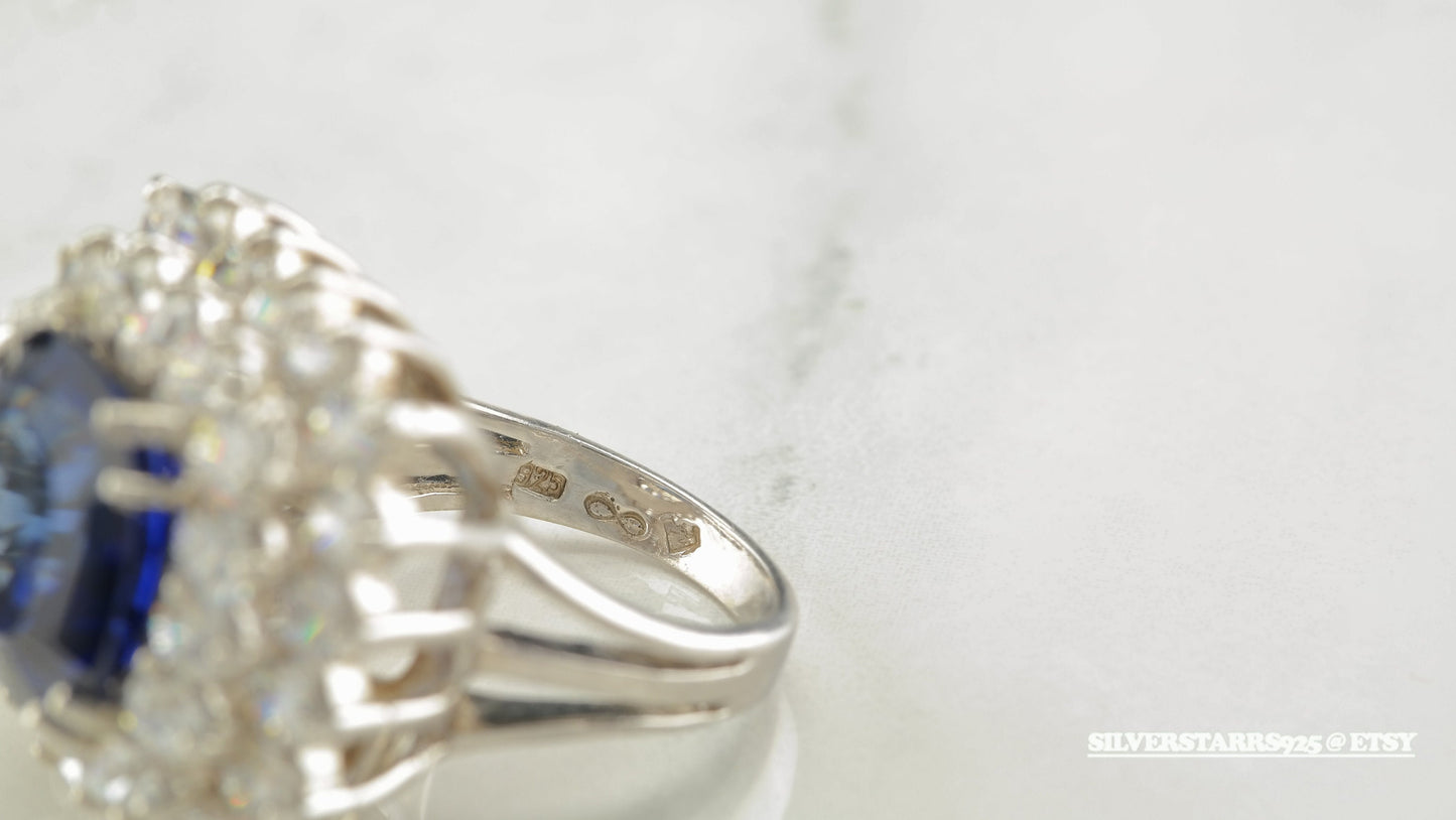 Vintage Cocktail Sterling Silver Ring Size 6.5 Blue Sapphire CZ