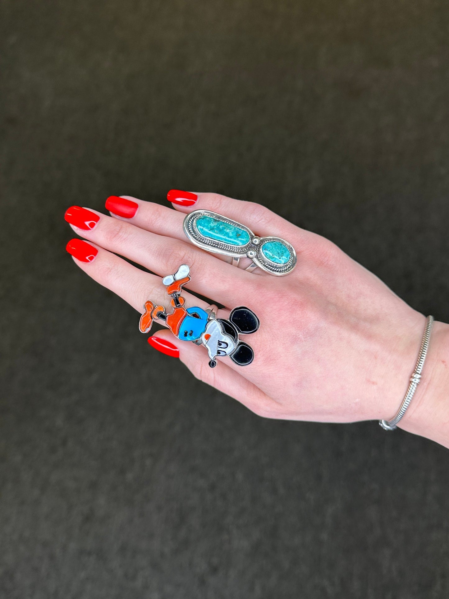 Vintage Native American Ring Two Stone, Turquoise Exclamation Point Sterling Silver Size 9
