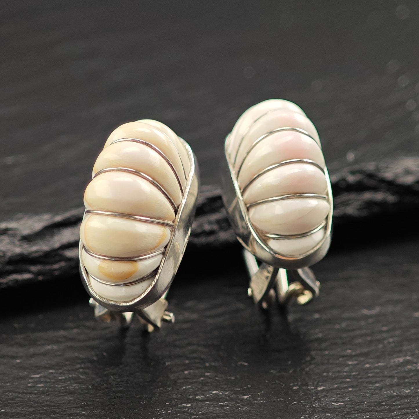 Cerro Blanco White Shell Scallop Earrings in Sterling Silver - Elegant Omega Back Design