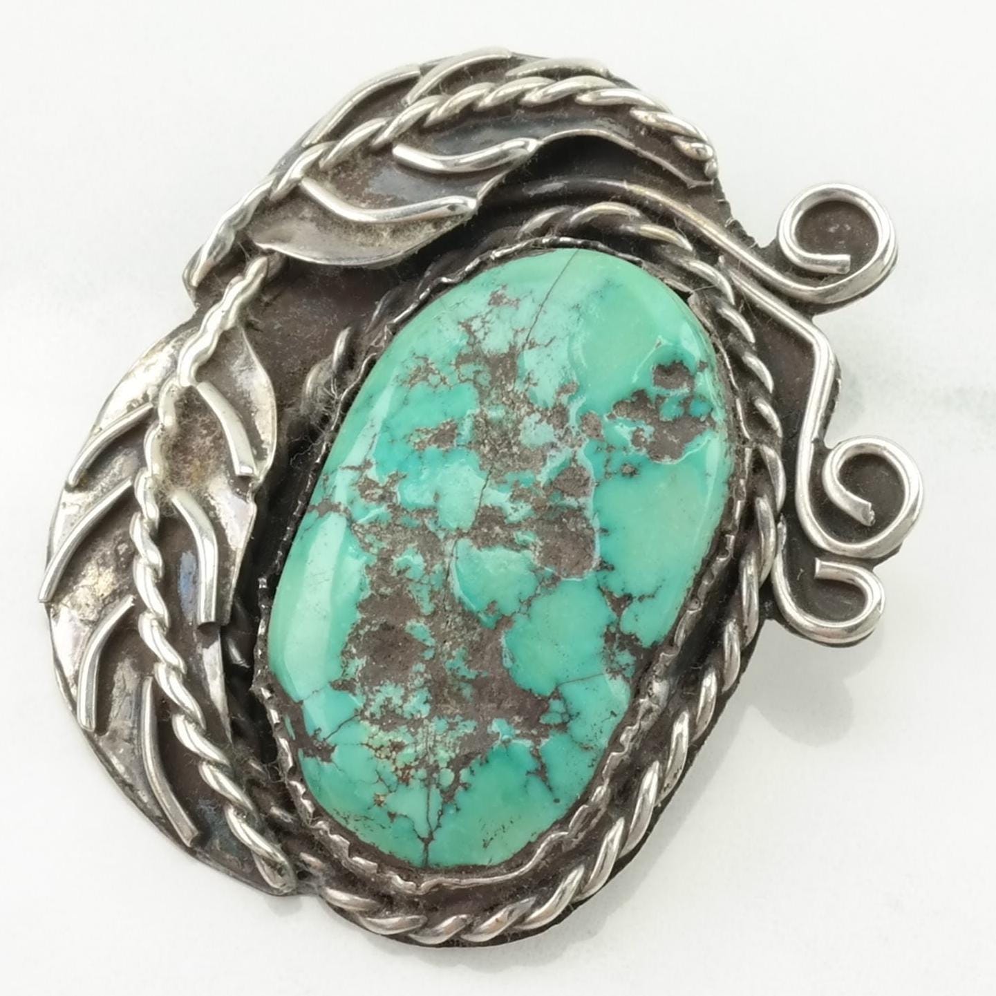 Vintage Native American Turquoise Leaf, Large Sterling Silver Pendant
