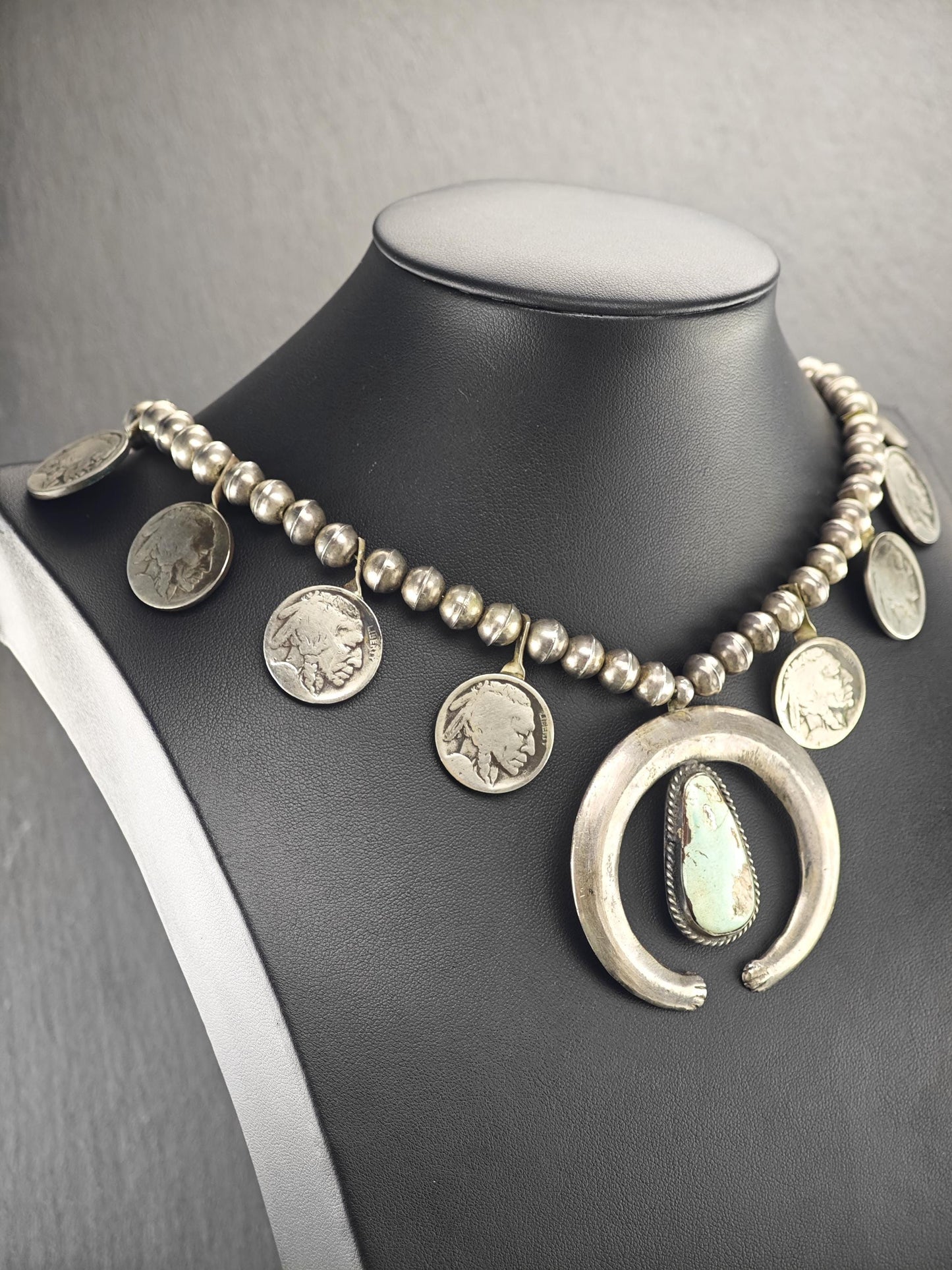 Native American Green Turquoise, Buffalo Nickles Squash Blossom Necklace Sterling Silver