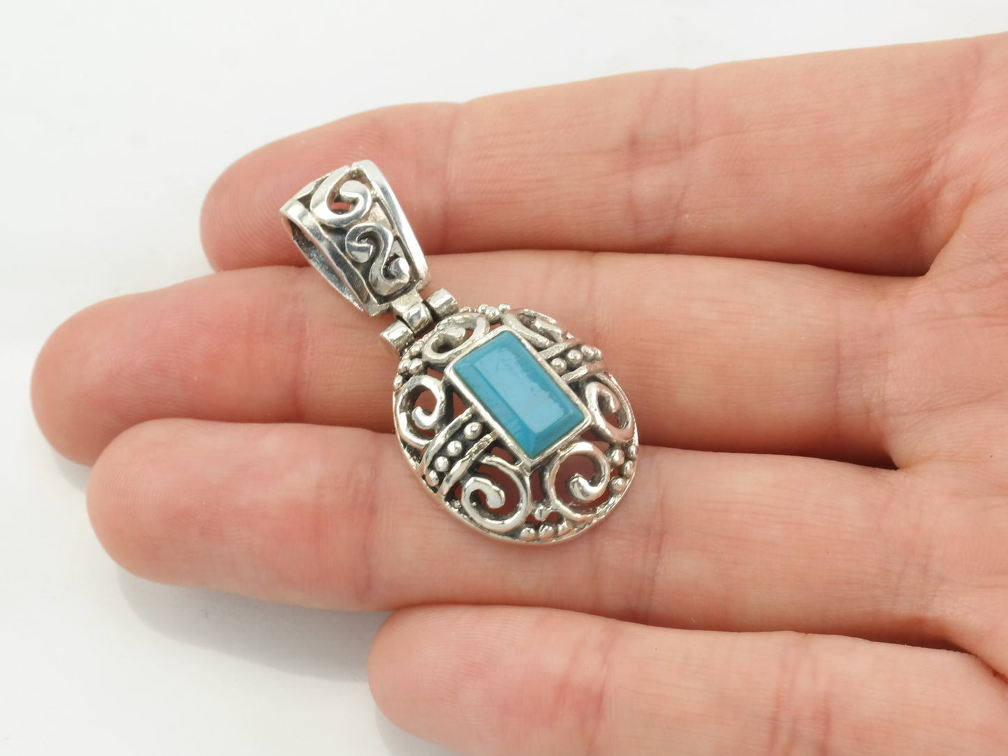 Vintage Block Turquoise Filigree Sterling Silver Pendant
