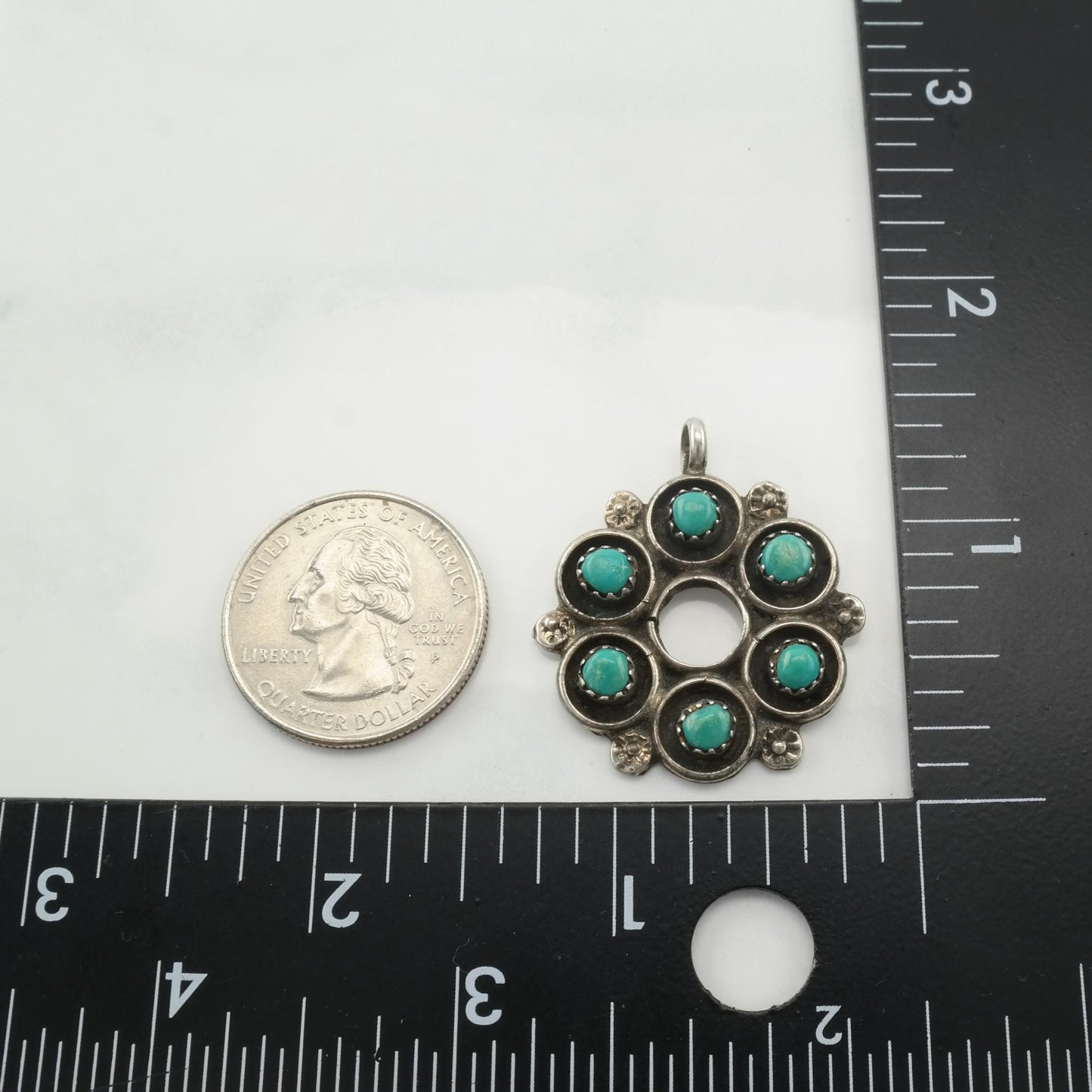 Vintage Native American Turquoise Pendant Floral Sterling Silver