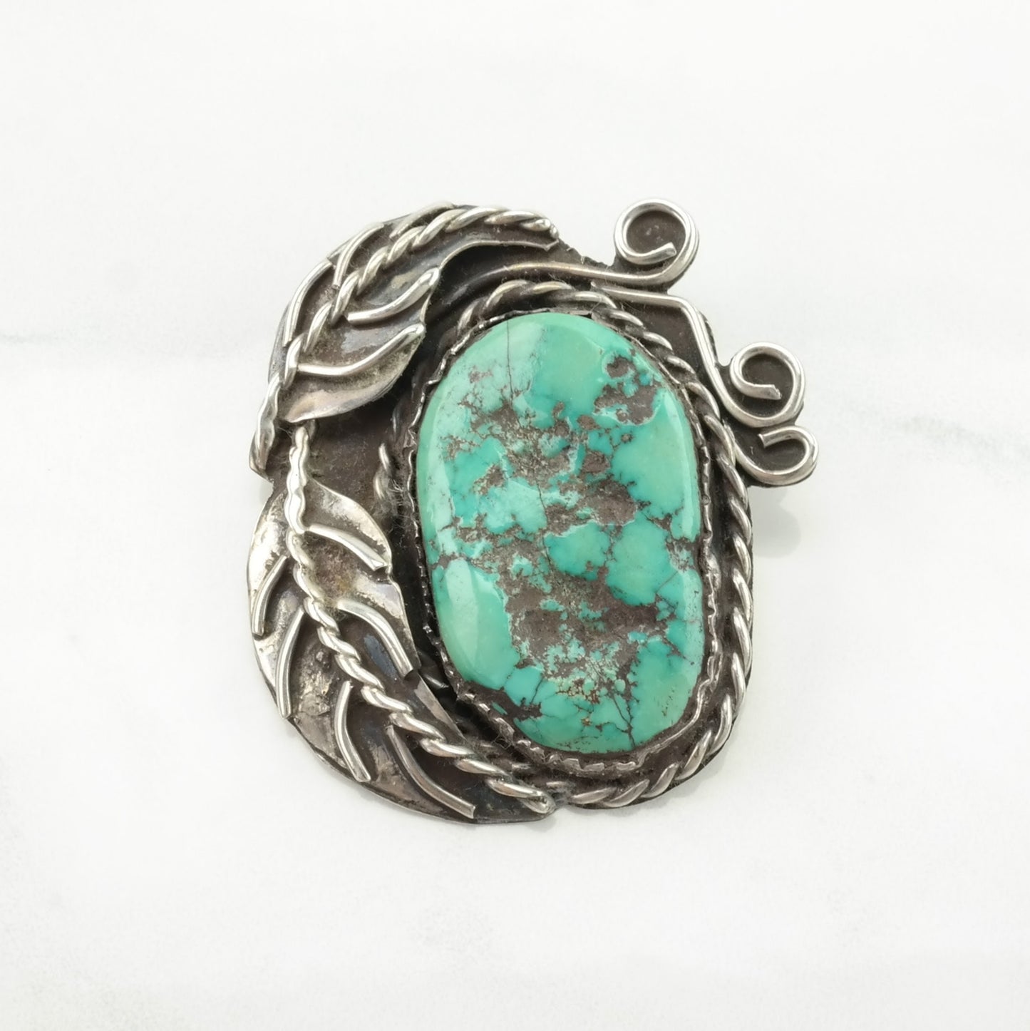 Vintage Native American Turquoise Leaf, Large Sterling Silver Pendant