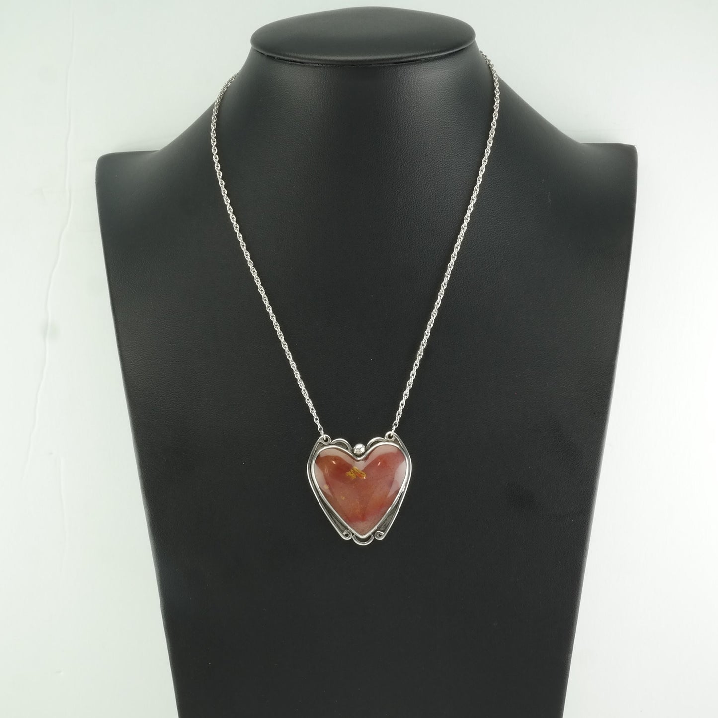 Vintage Sterling Silver Red Agate Heart Necklace Screwback Earring Set