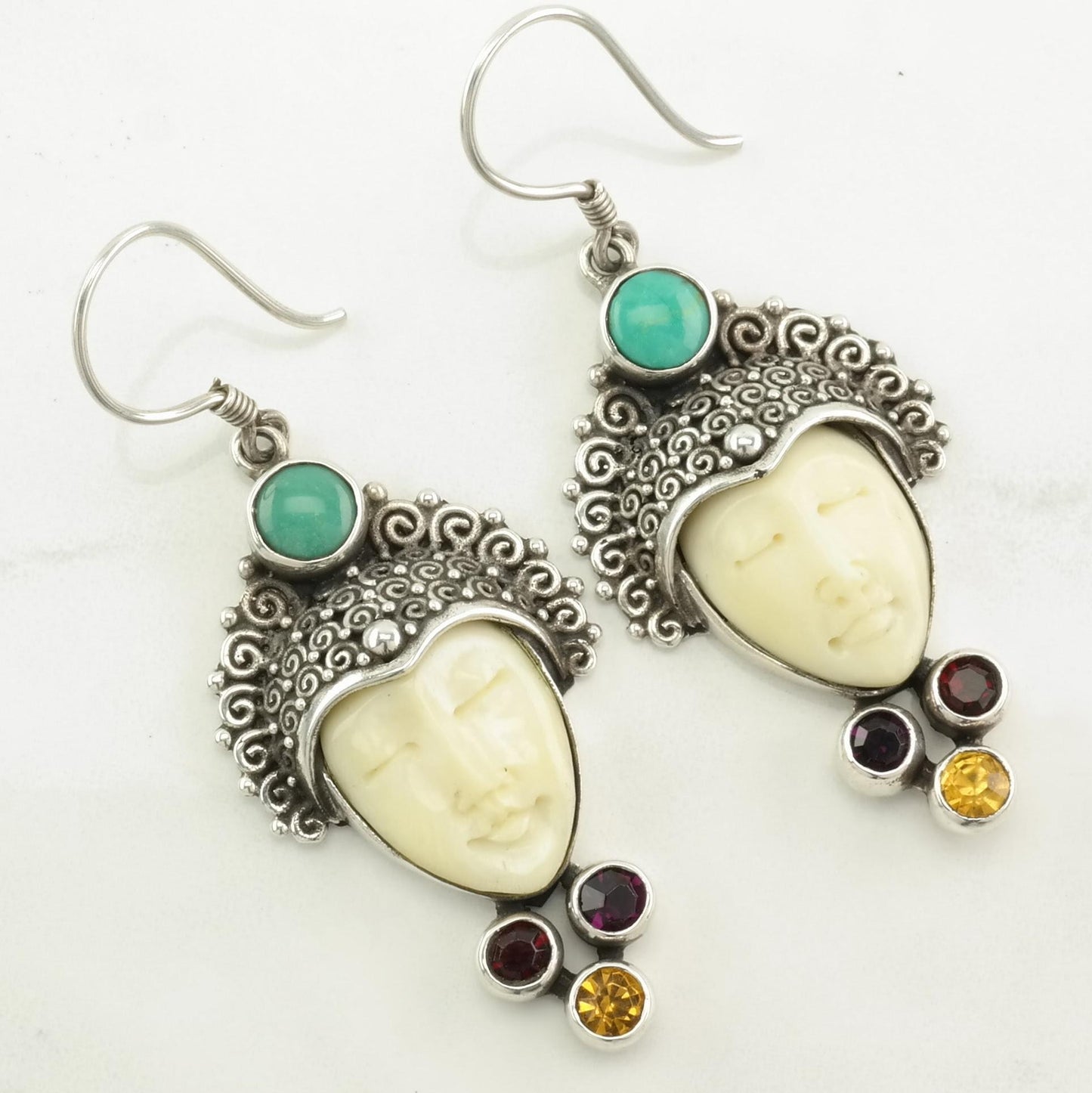 Sterling Silver Multi Stone, Carved Face Earrings Fish hook