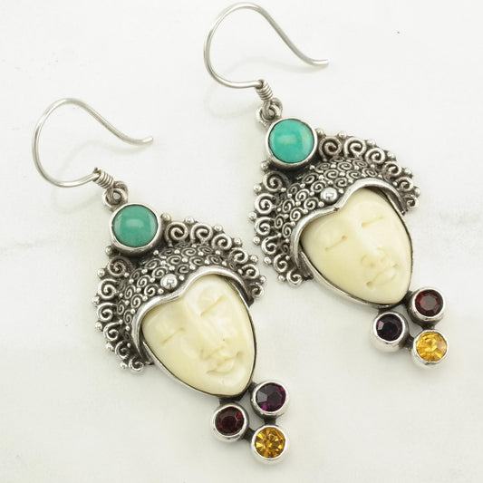 Sterling Silver Multi Stone, Carved Face Earrings Fish hook