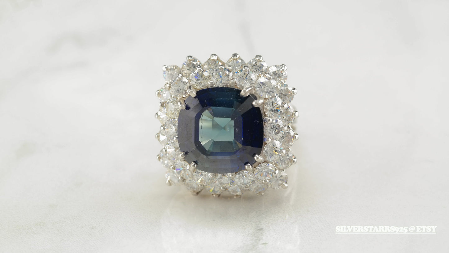 Vintage Cocktail Sterling Silver Ring Size 6.5 Blue Sapphire CZ