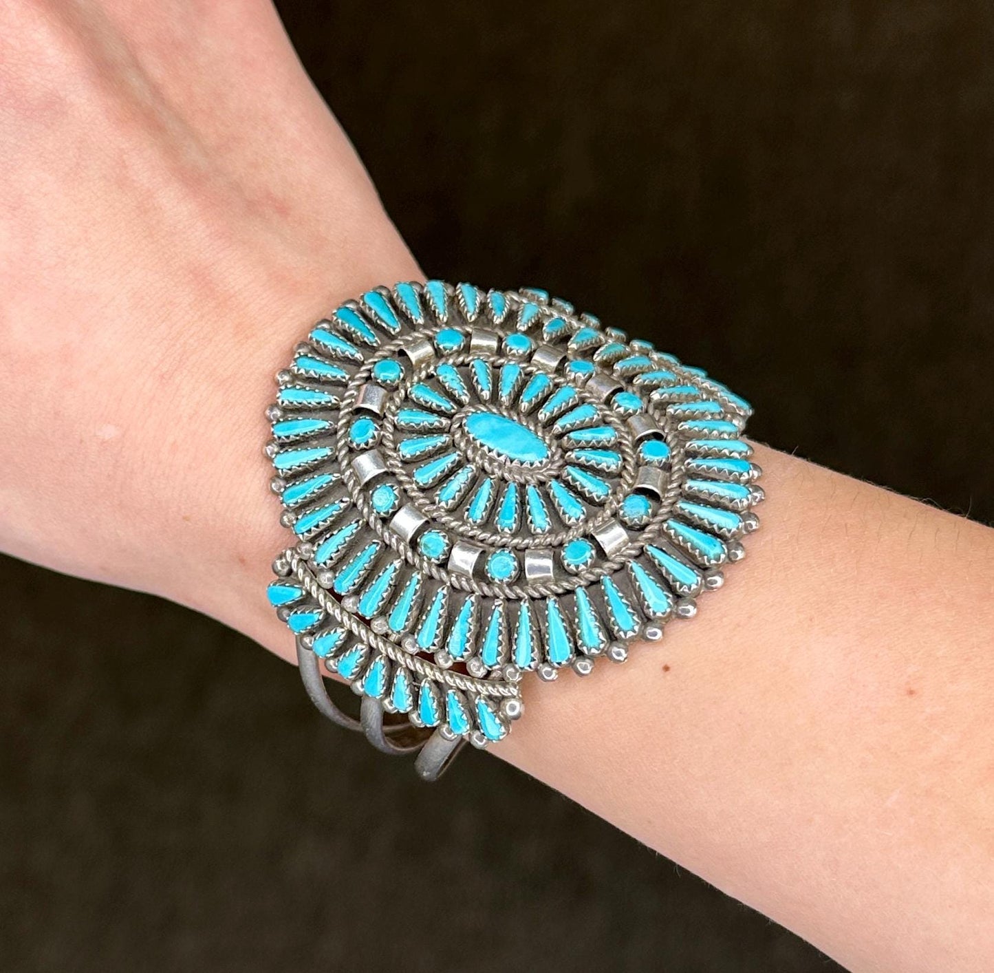 Nastacio Zuni Sterling Silver Cuff Bracelet Needle Point Turquoise Cluster