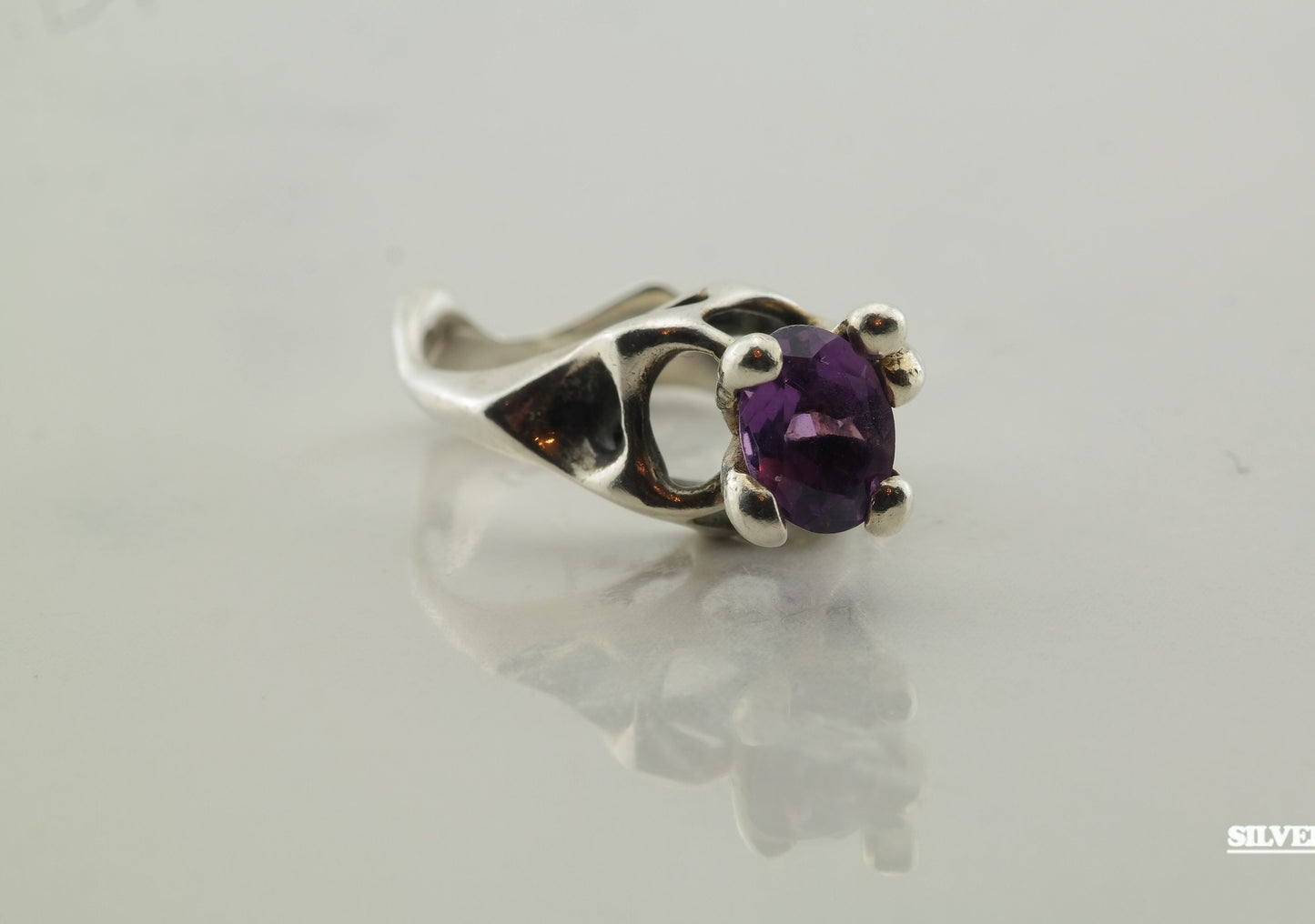 Vintage Modernist Silver Ring Amethyst Sterling Purple Size 6