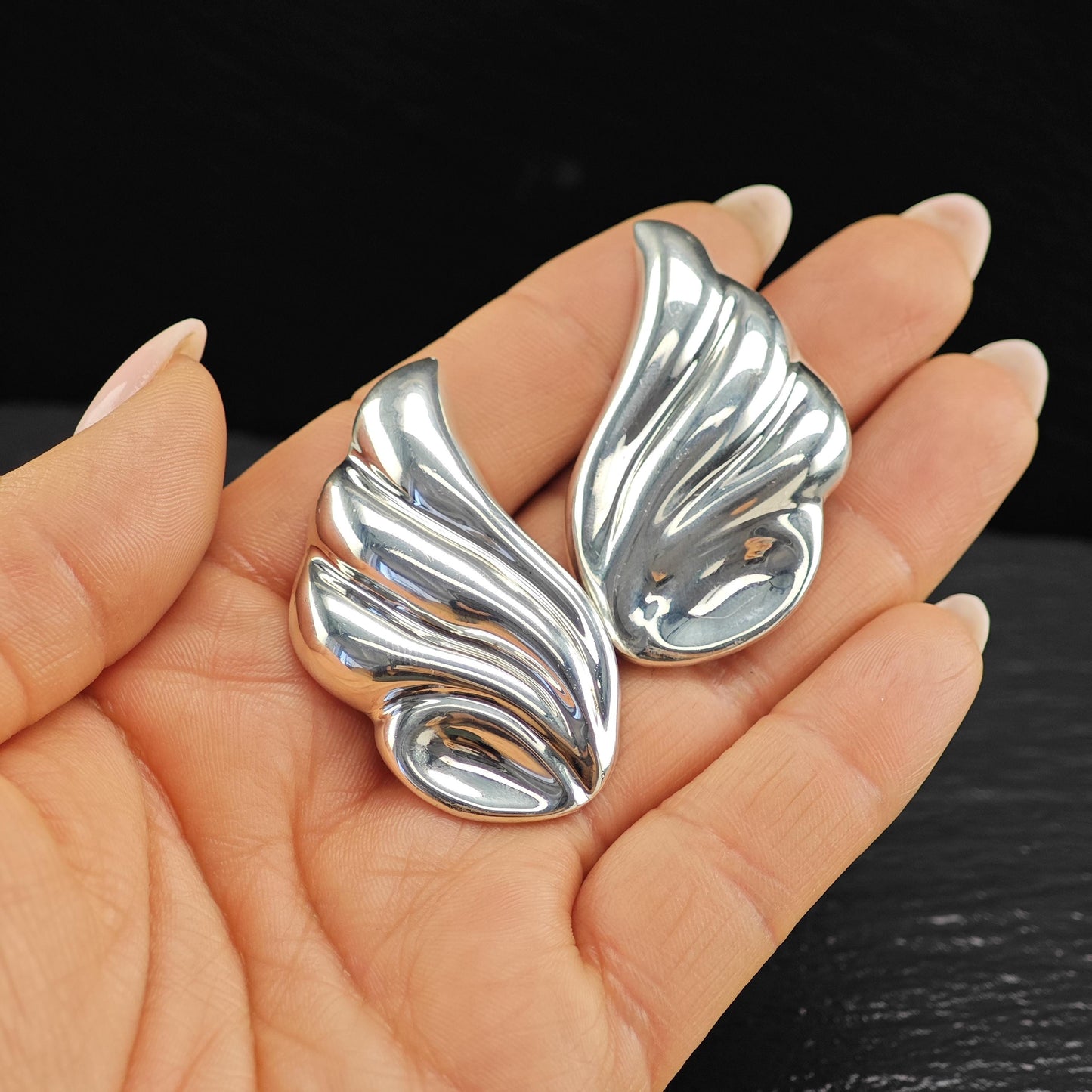 Taxco, Ballesteros Wings Puffy Clip On Earrings Sterling Silver