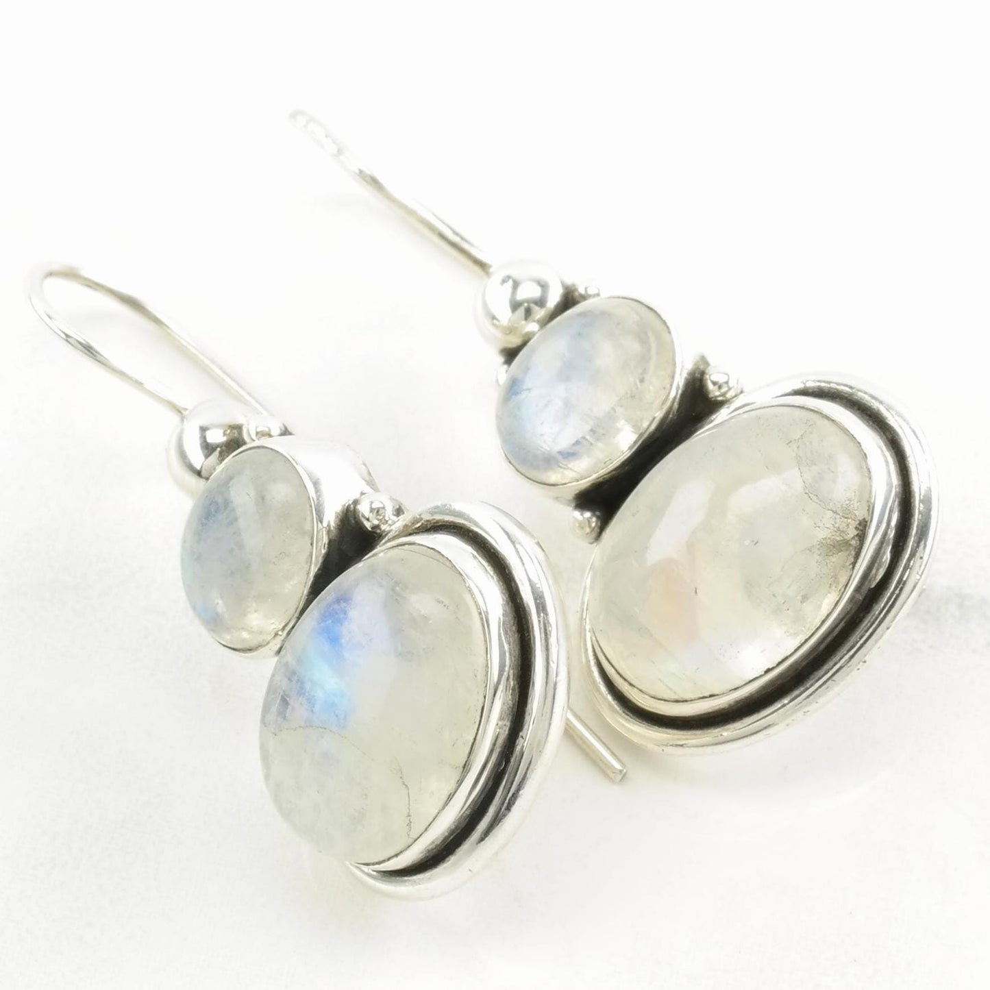 Sterling Silver Iridescent Moonstone Stacked Stone Earrings Fish hook