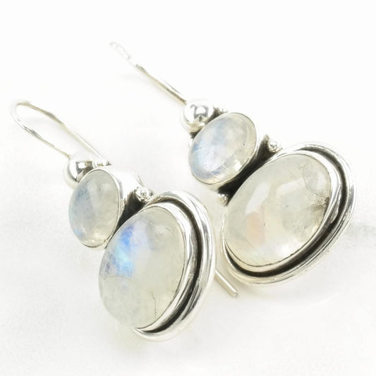 Sterling Silver Iridescent Moonstone Stacked Stone Earrings Fish hook