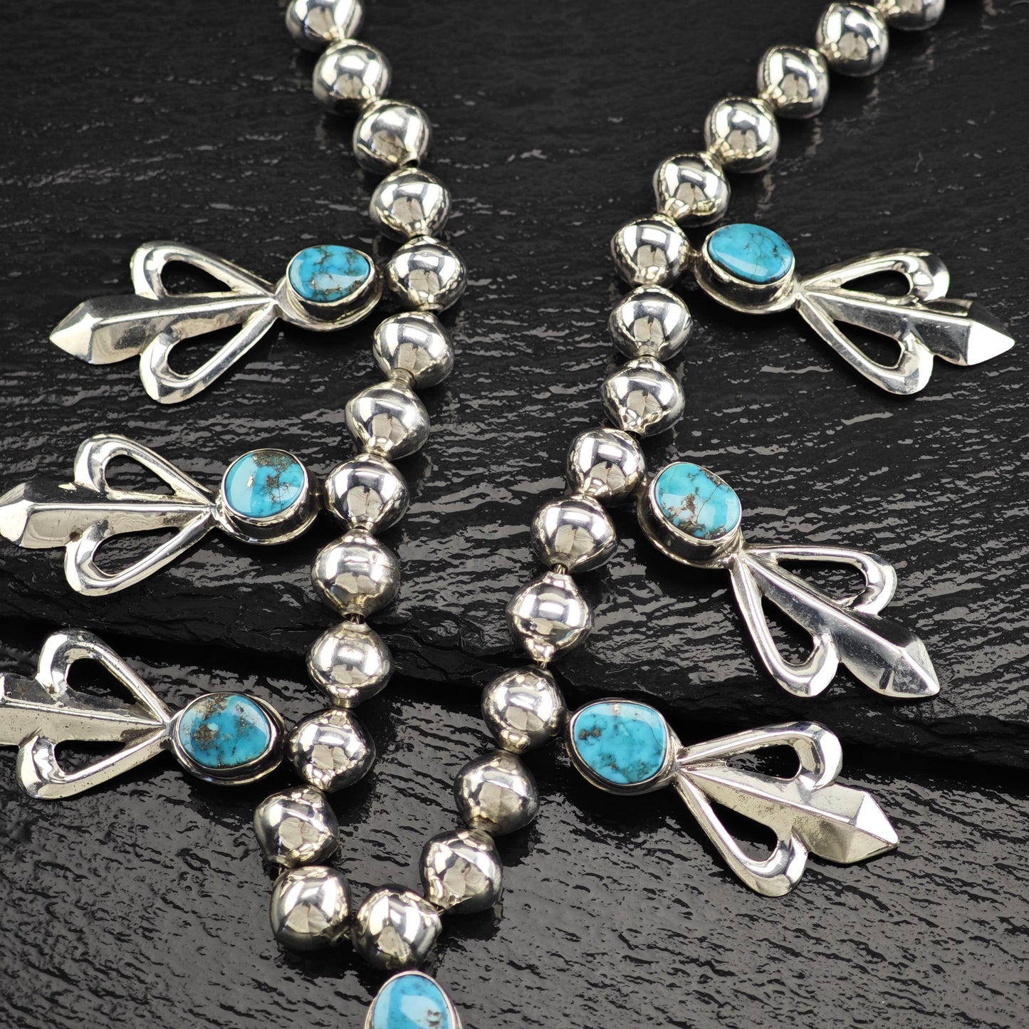 Native American Turquoise Beaded Necklace Earring Set - Sterling Silver Jewelry
