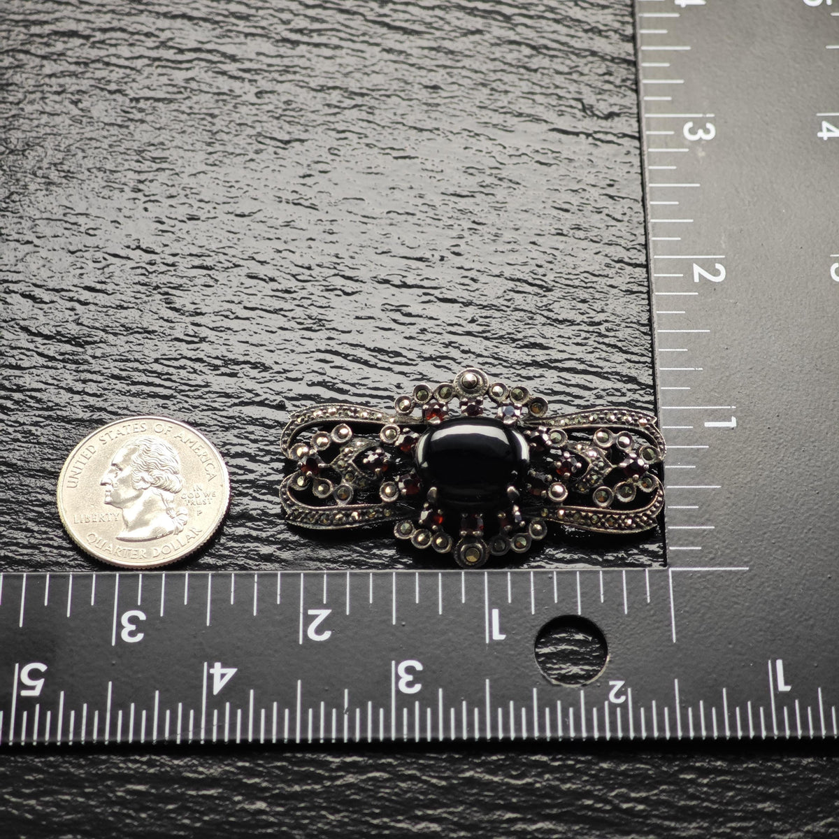 Art Deco Onyx, Garnet Sterling Silver Brooch B2270