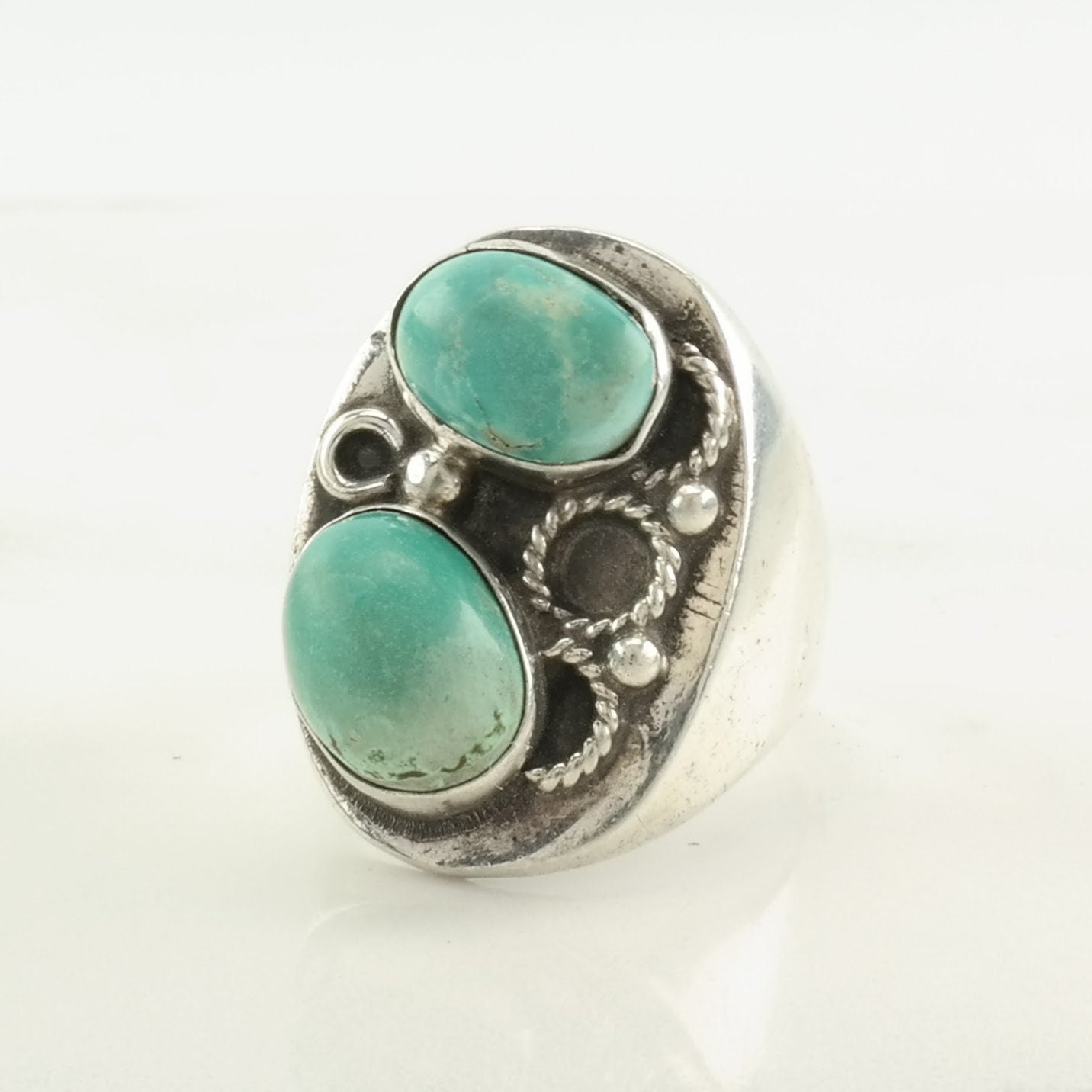 Vintage Southwest Sterling Silver Ring, Turquoise Two Stone Blue Size 10 1/4
