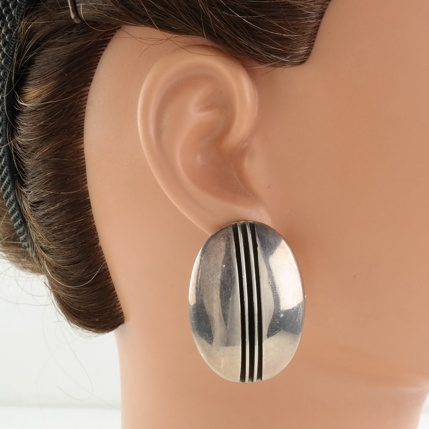 Vintage Stud Earrings Sterling Silver Oval Hollow Incise