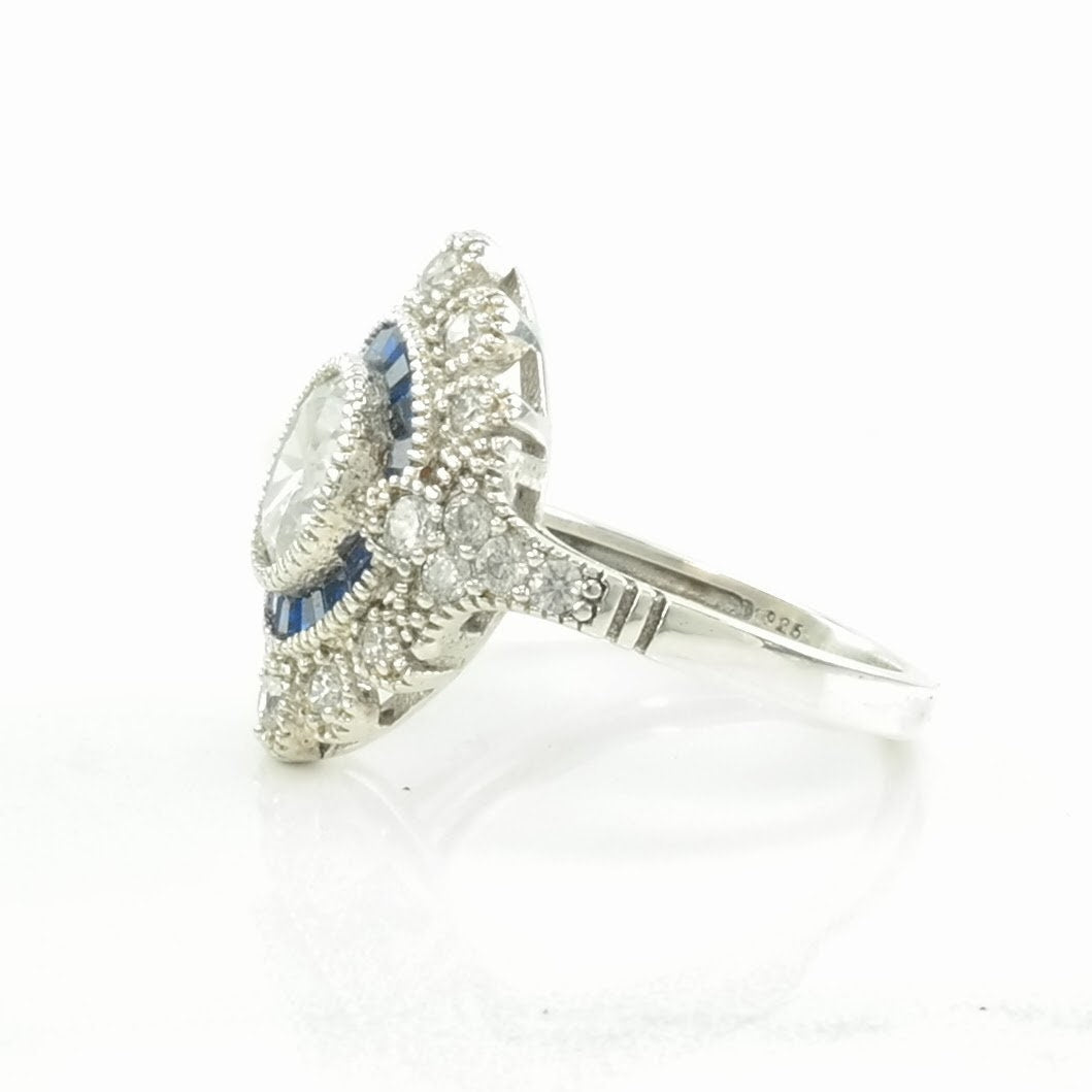 Vintage Art Deco Style Silver Ring CZ Created Sapphires Sterling Blue Size 6 1/4