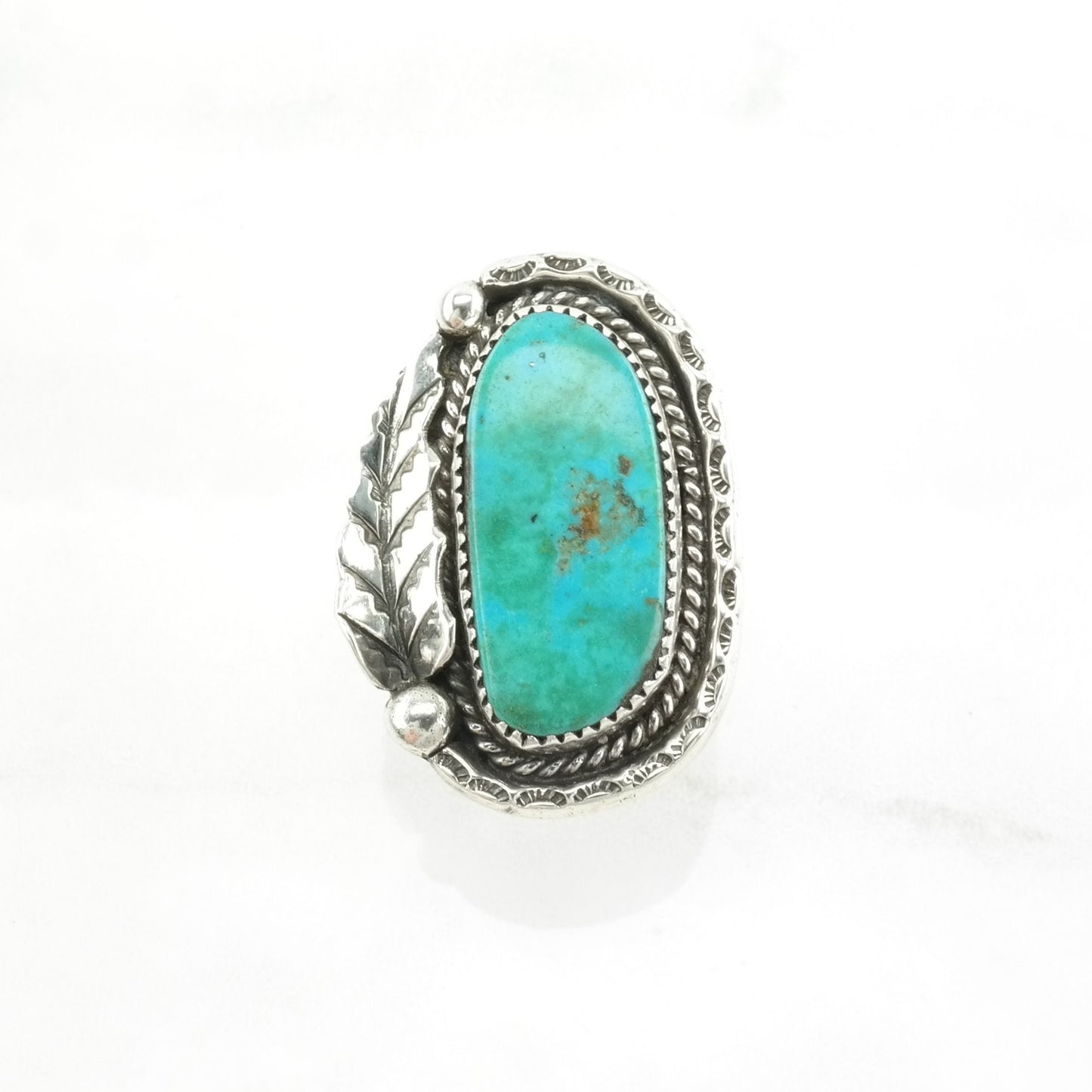 Vintage Native American Silver Ring Turquoise Leaf, Large Sterling Blue Size 6 3/4