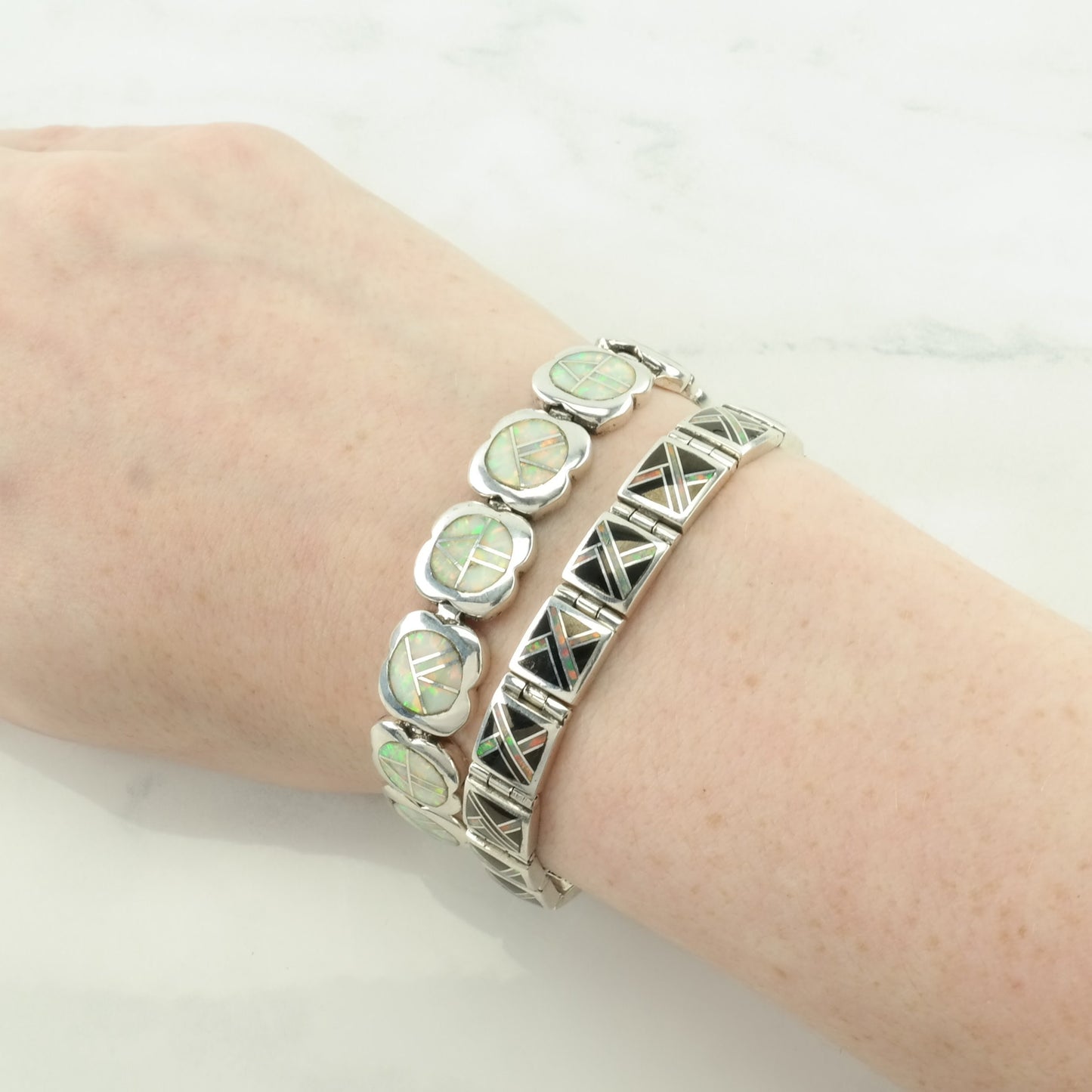 Lab Opal Inlay Sterling Silver Bracelet Onyx Southwest