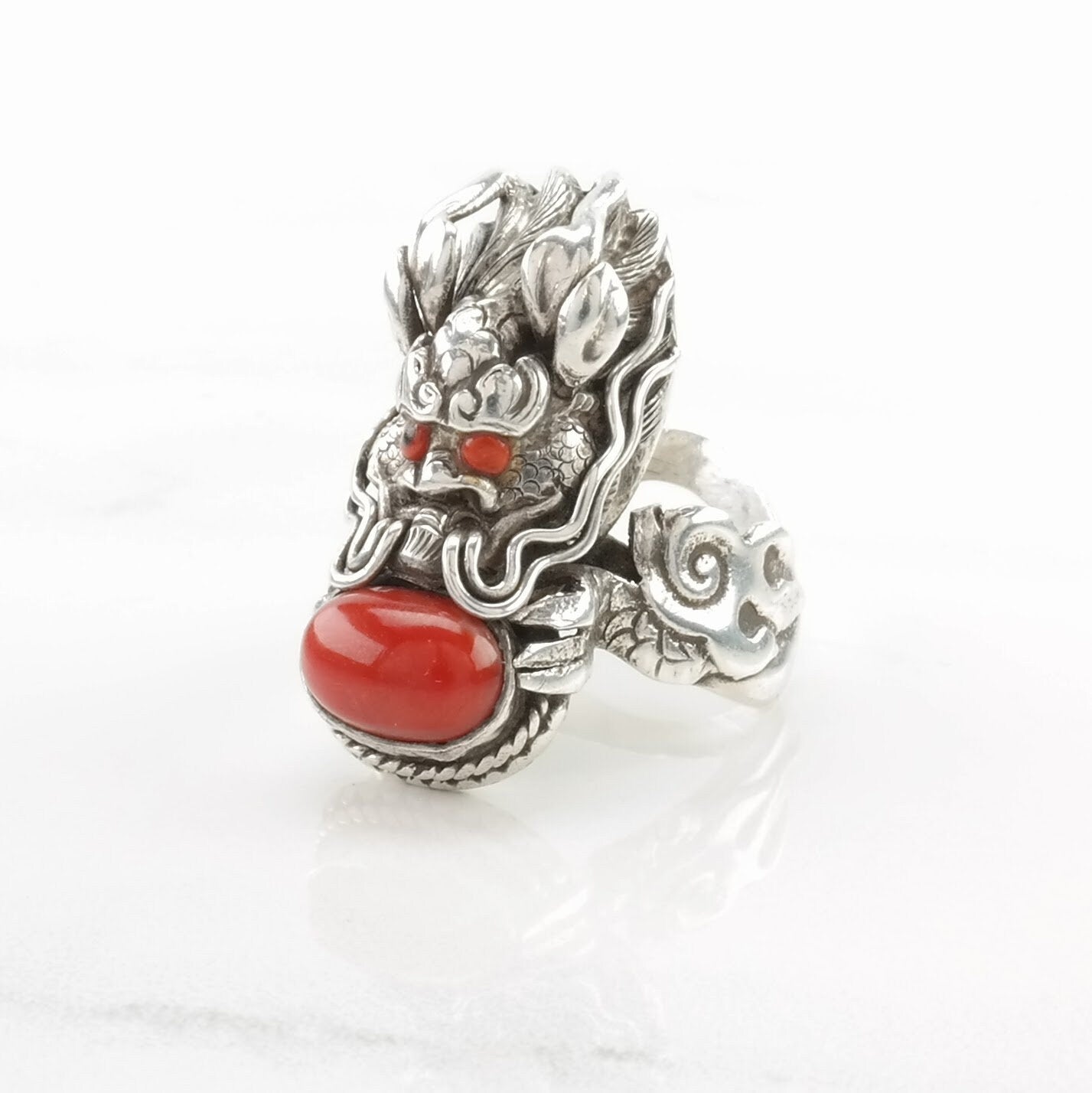 Chinese Export Silver Ring Coral Dragon Sterling Red Sz6 3/4 R5233