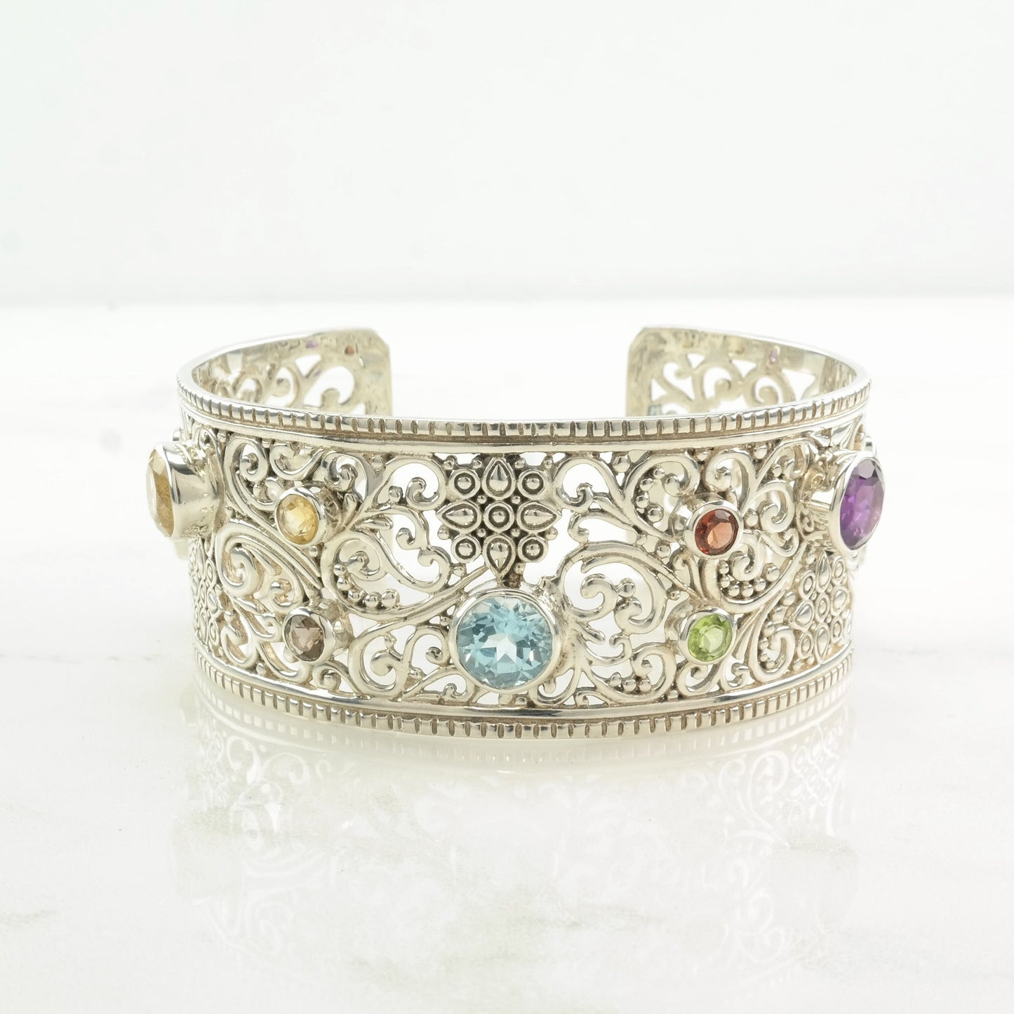 Samuel B Natural Gemstone Cuff Bracelet Open Filigree Sterling Silver