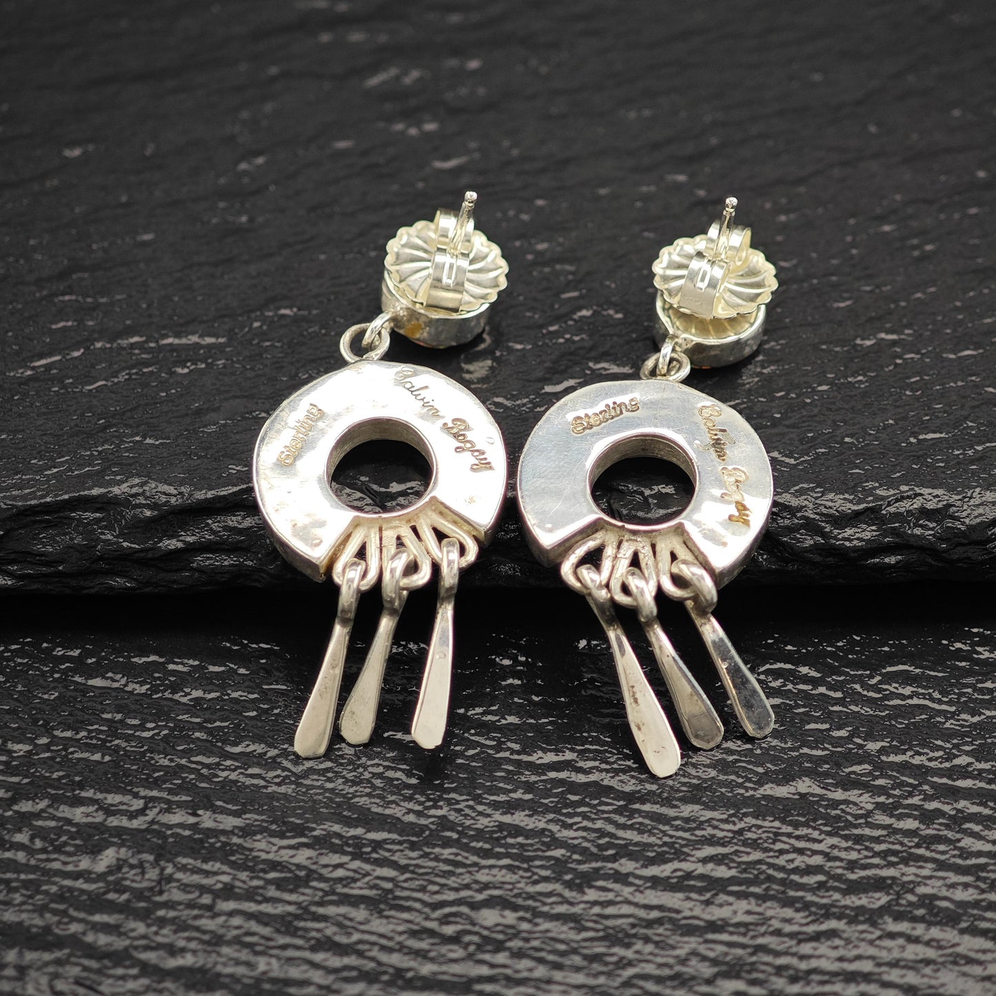 Native American Earrings with Calvin Begay Rainbow Lab Opal Inlay Sterling Silver