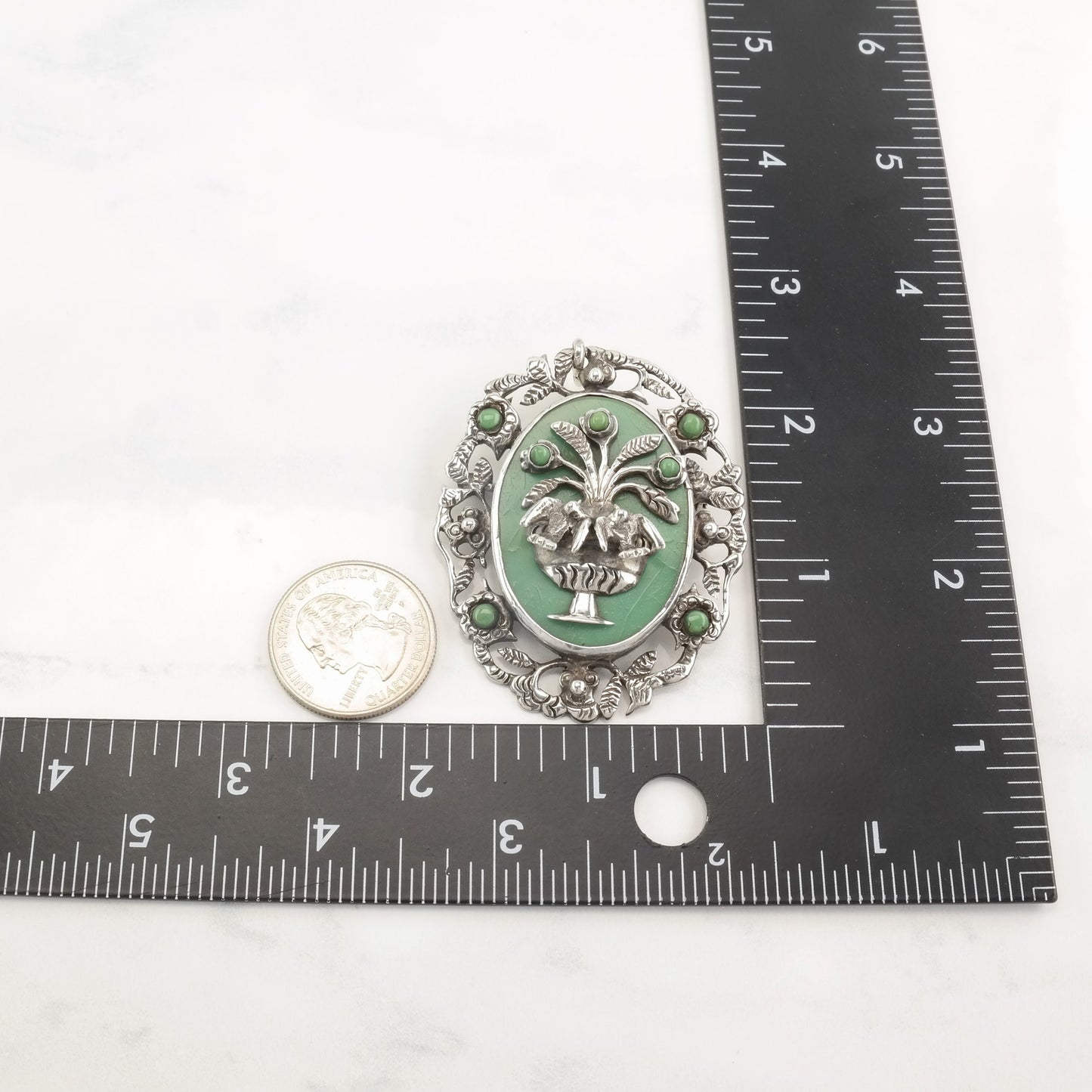 Pre Eagle Taxco Pendant Brooch Faux Turquoise Floral, Bird, Fountain Sterling Silver