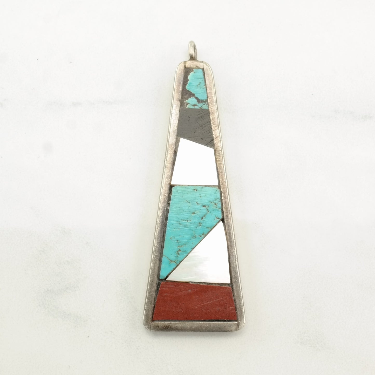Vintage Native American MOP, Jet, Turquoise, Coral Inlay Sterling Silver Pendant