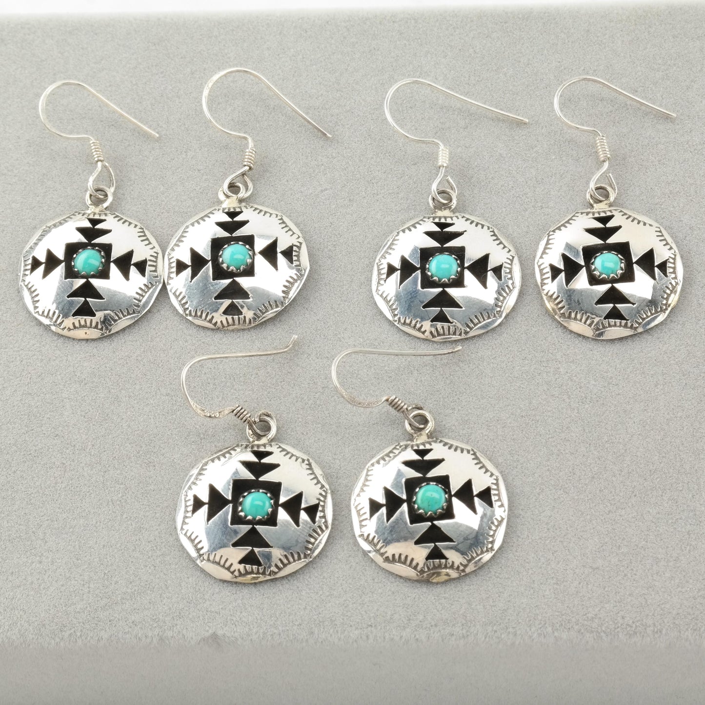 Vintage Native American Turquoise Stamped Sterling Silver Fish Hook Earrings