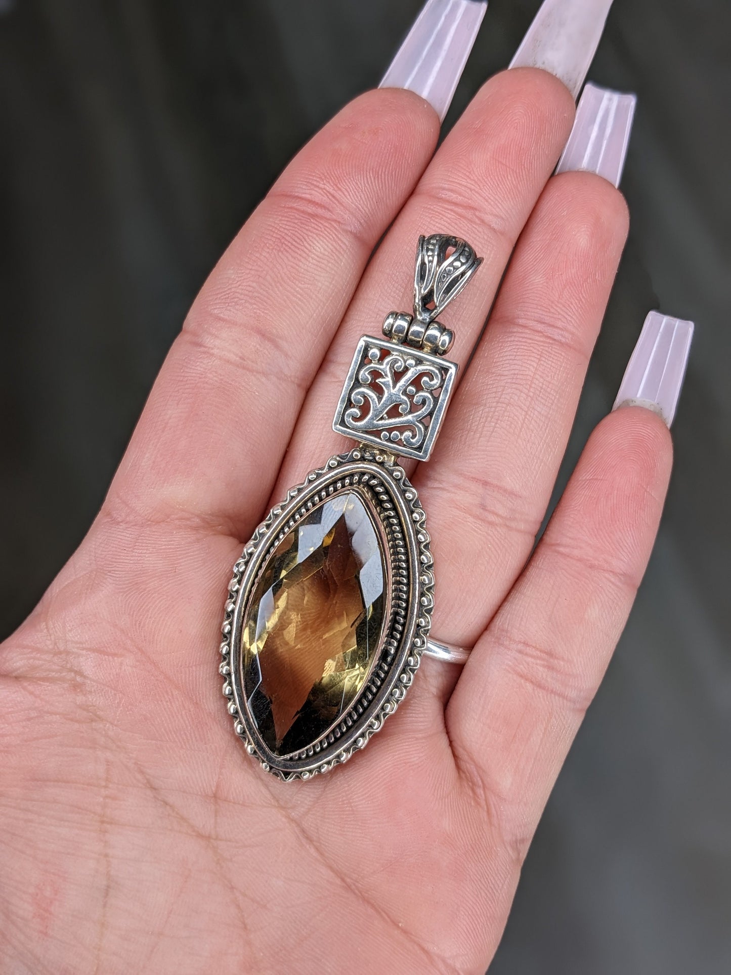 Vintage Sterling Silver Citrine Filigree Pendant