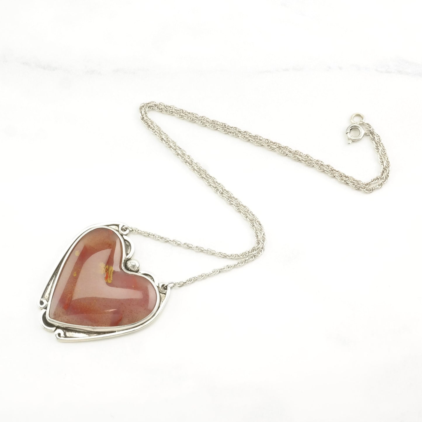 Vintage Sterling Silver Red Agate Heart Necklace Screwback Earring Set