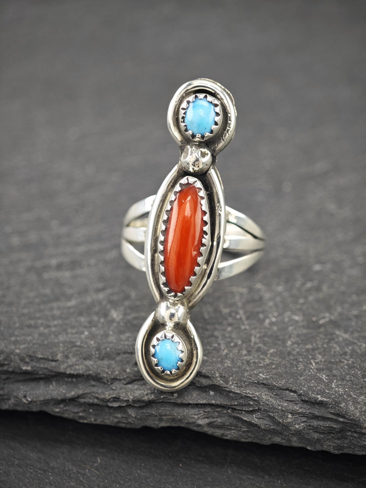 Native American, Coral, Turquoise Ring Sterling Silver