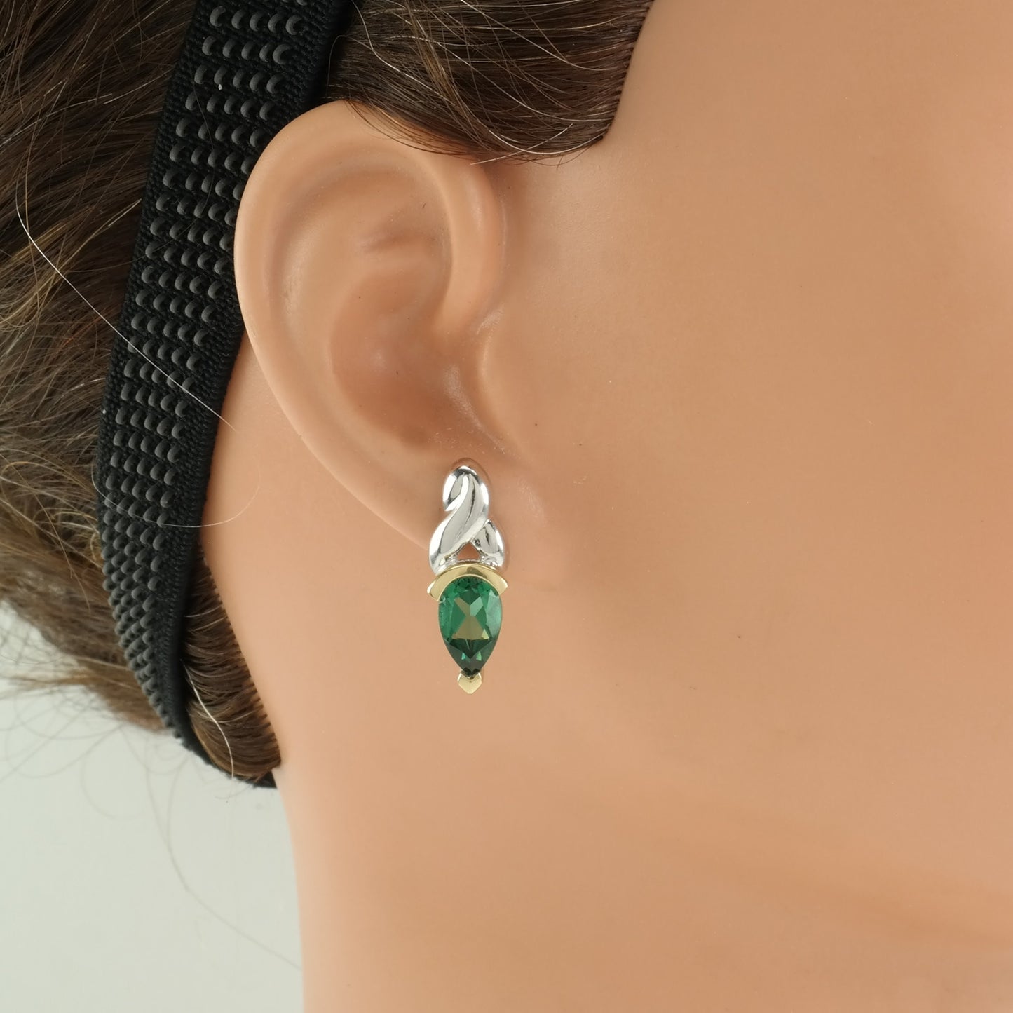 Vintage Sterling Silver Green Gemstone 18K Gold Earrings Stud
