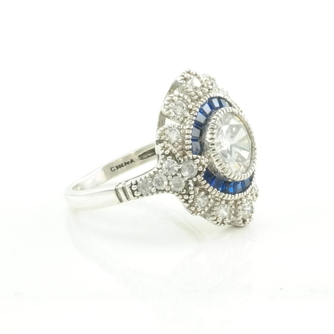Vintage Art Deco Style Silver Ring CZ Created Sapphires Sterling Blue Size 6 1/4