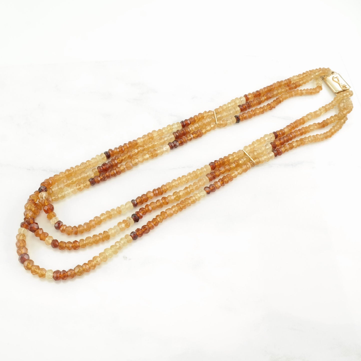 Vintage Sterling Silver Orange Citrine, 14K gold 3 Strand, Bead Necklace