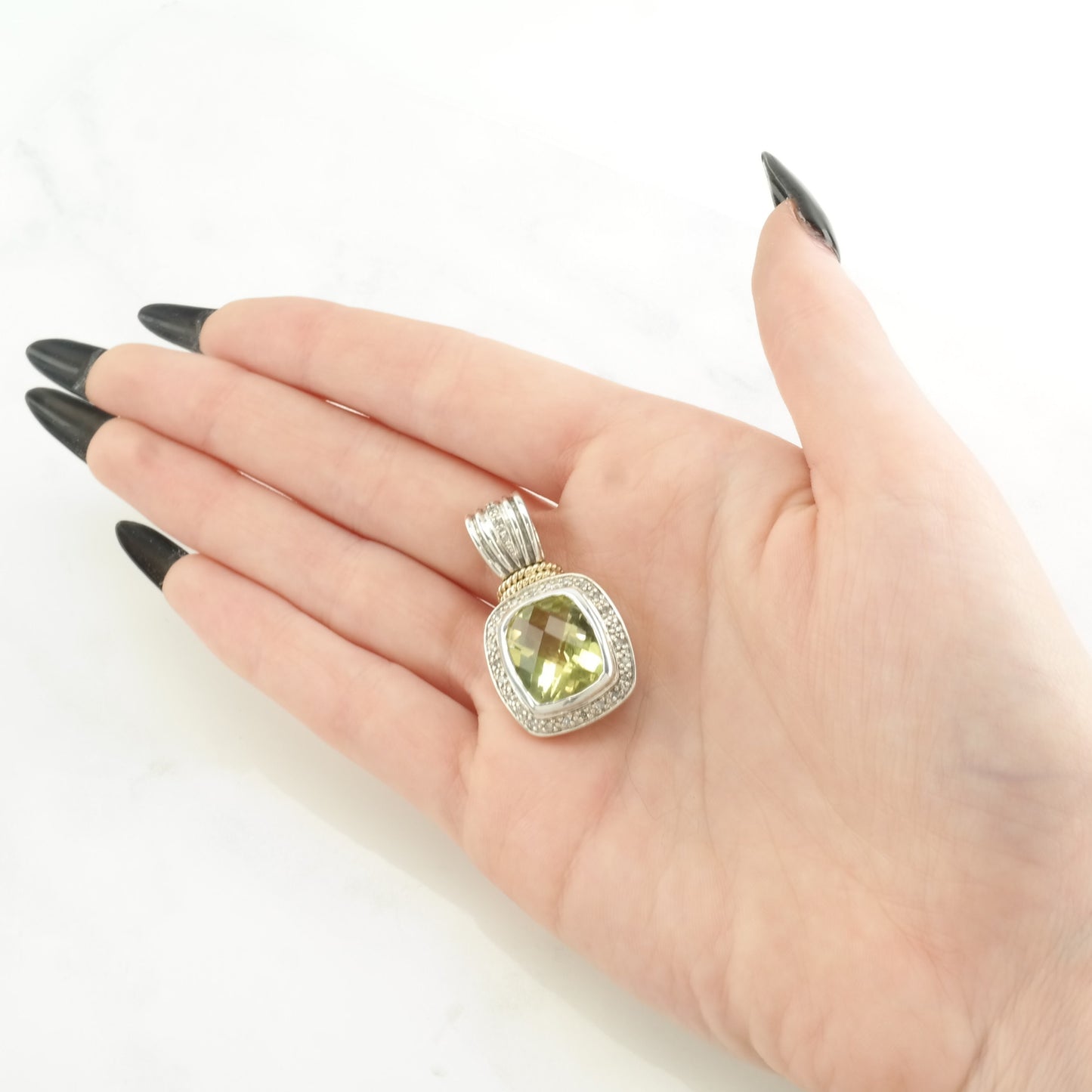 Vintage Lefkowitz and Edelstein Prasiolite, Diamond 14K gold accents Sterling Silver Pendant