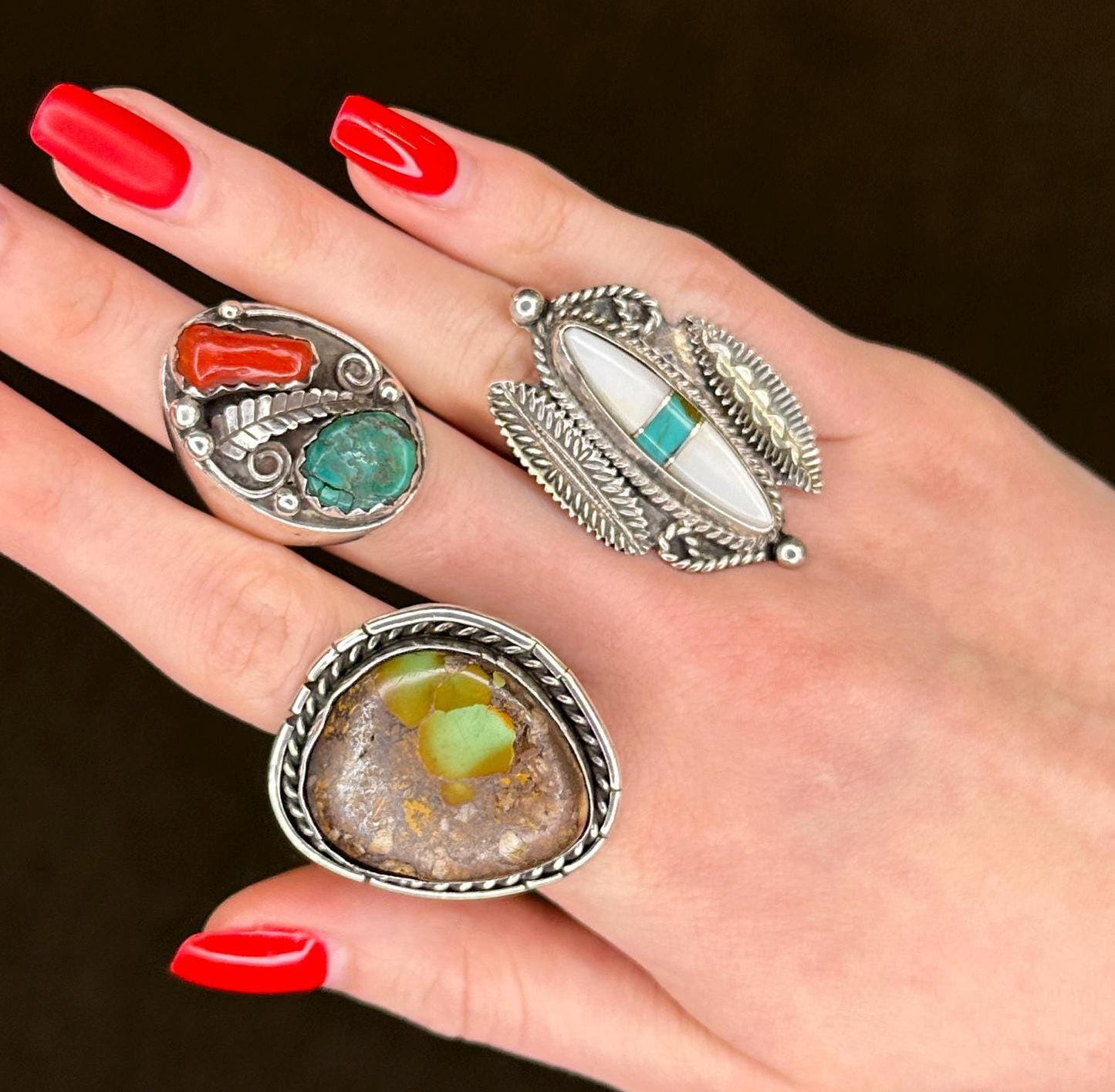 Vintage Native American Silver Ring MOP Turquoise Leaf Sterling Size 5 1/2