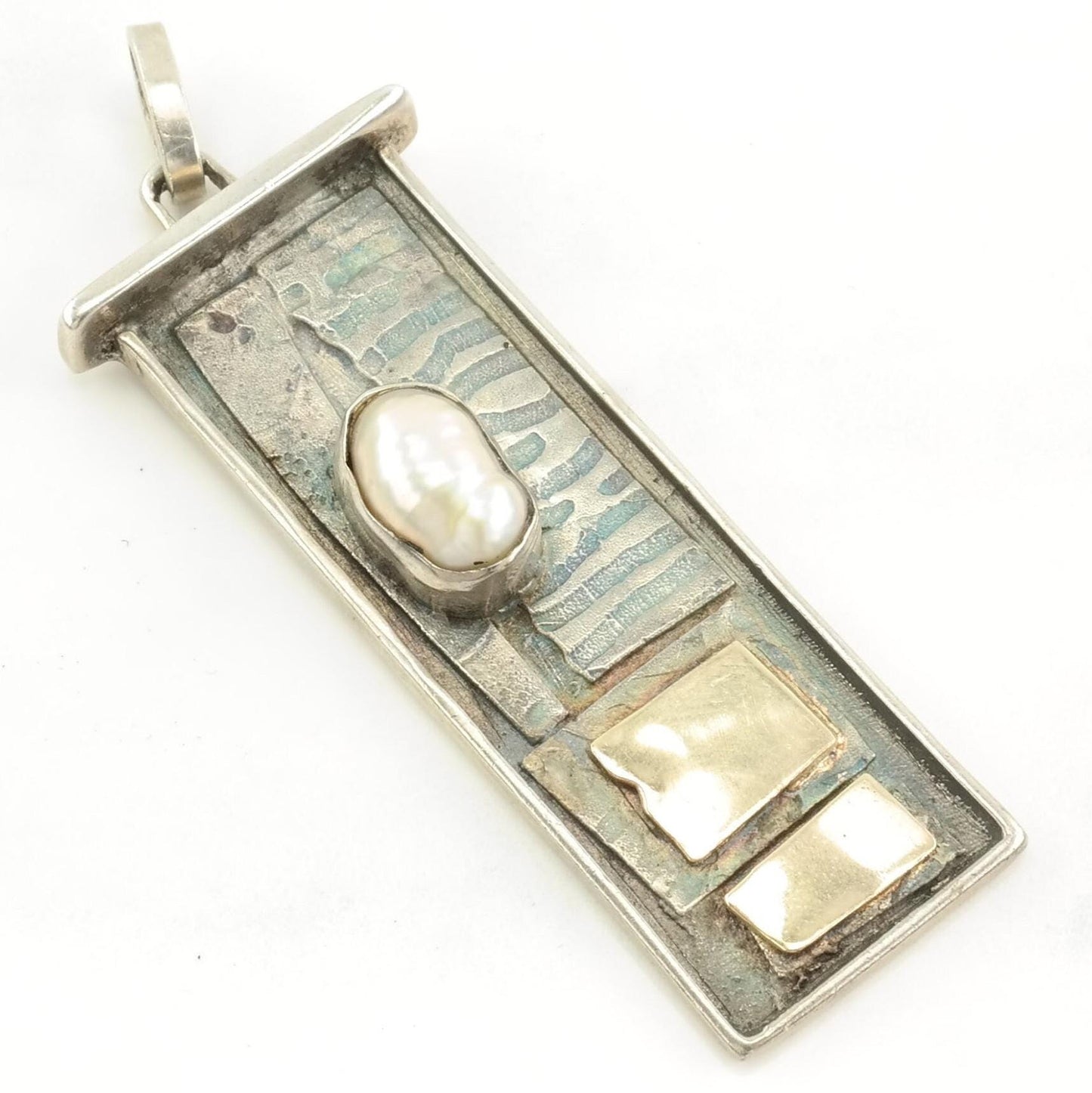 Vintage Brutalist Pearl Gold Toned Elements Sterling Silver Pendant
