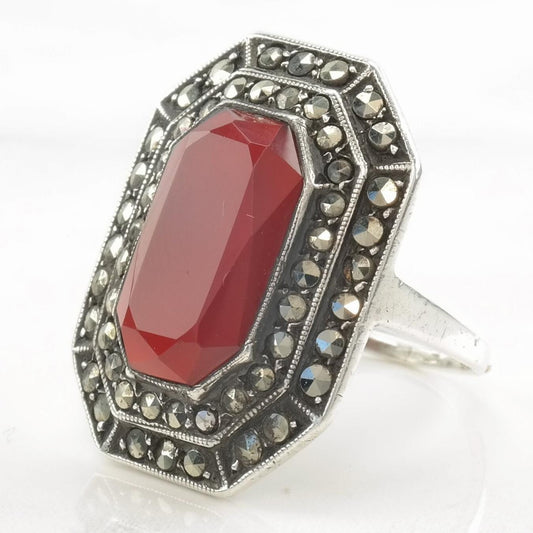 Vintage Art Deco Silver Ring Carnelian, Marcasite Sterling Red Size 4 3/4
