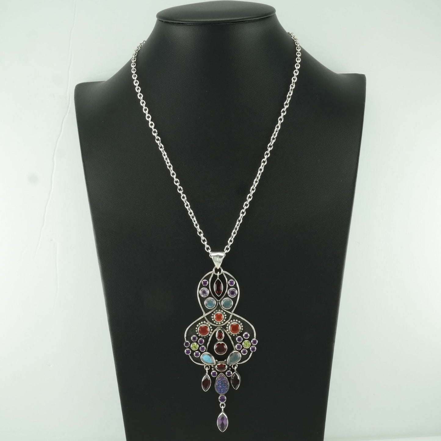 Vintage Nicky Butler Sterling Silver Garnet, Amethyst, Prasiolite, Labradorite Cluster Necklace