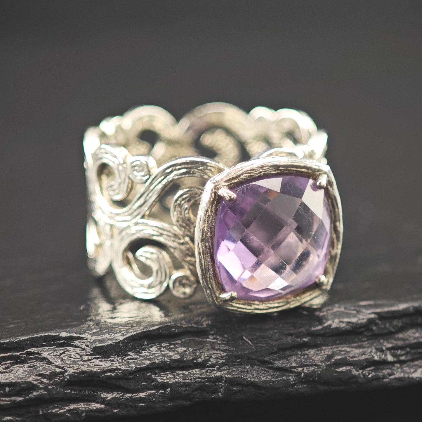 Israel Amethyst Filigree Ring Sterling Silver