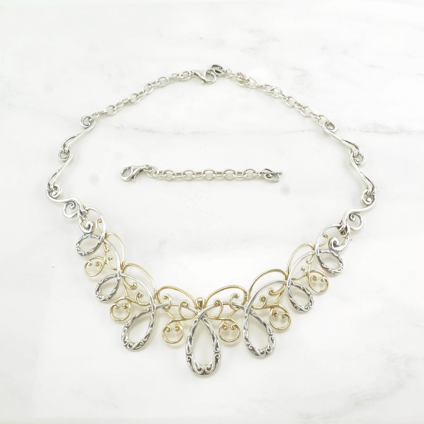 Carolyn Pollack Sterling Silver & Brass Necklace | Vintage Scroll Necklace | Statement Necklace | Southwestern Jewelry